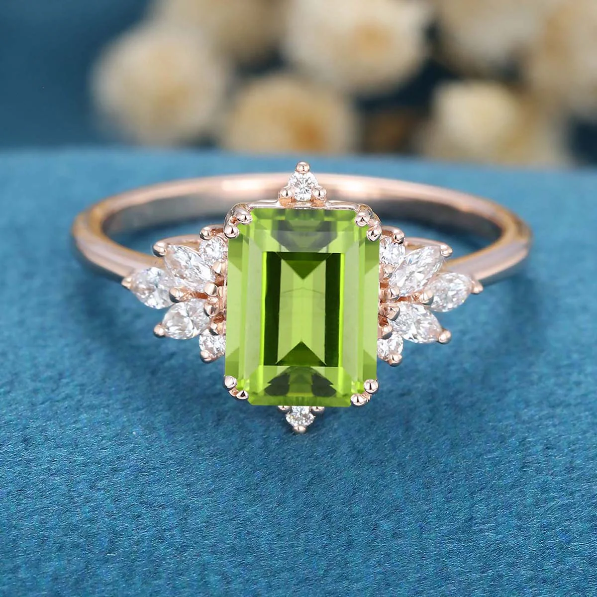 Emerald cut Olivine Cluster Engagement Ring - Image 3