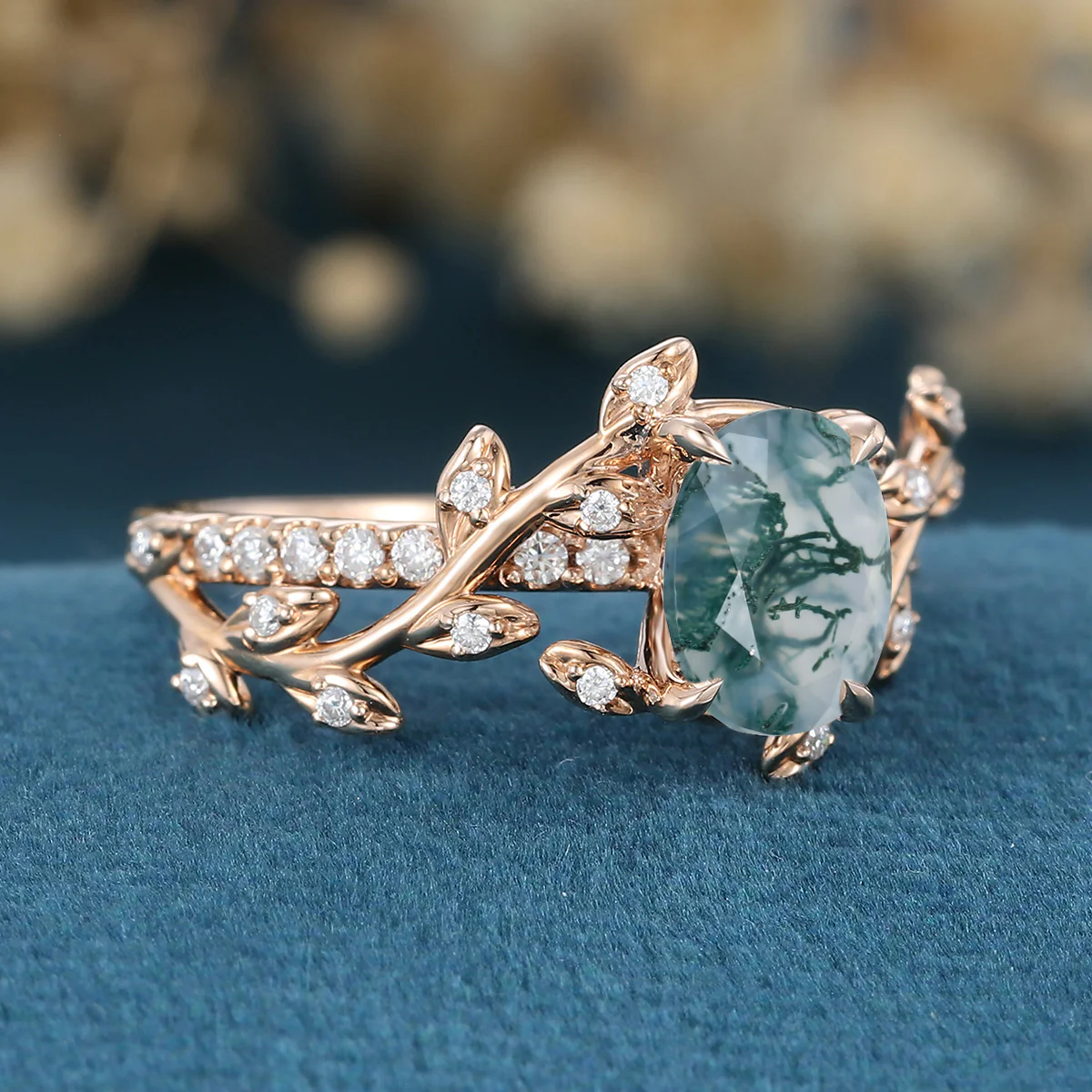 Nature Inspired Oval cut Moss Agate Leaf Gold Engagement Ring - Image 4