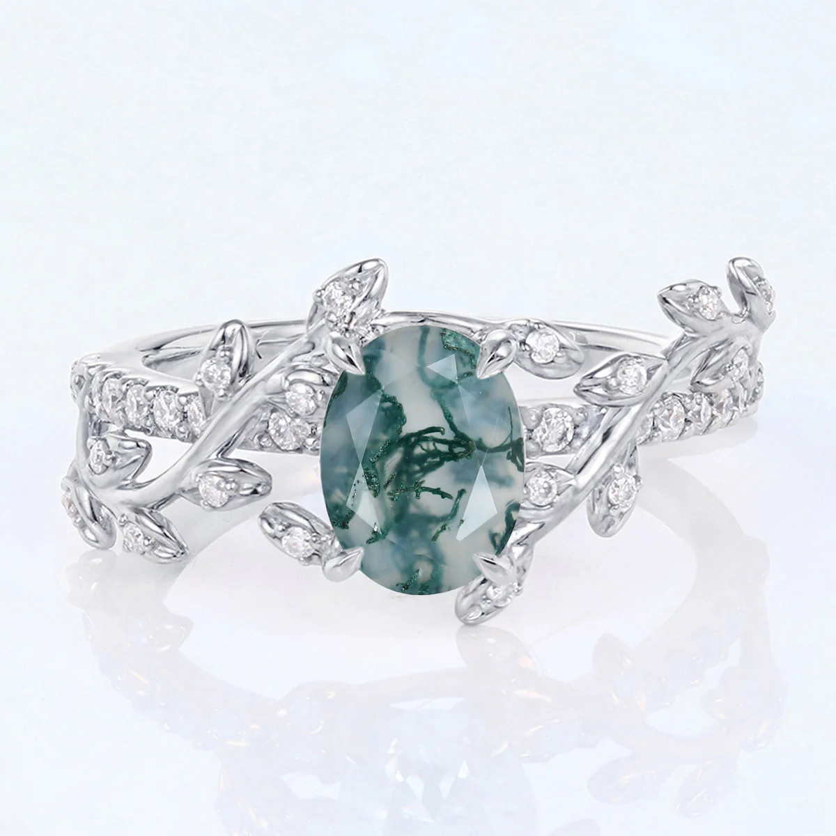 Nature Inspired Oval cut Moss Agate Leaf Gold Engagement Ring - Image 8