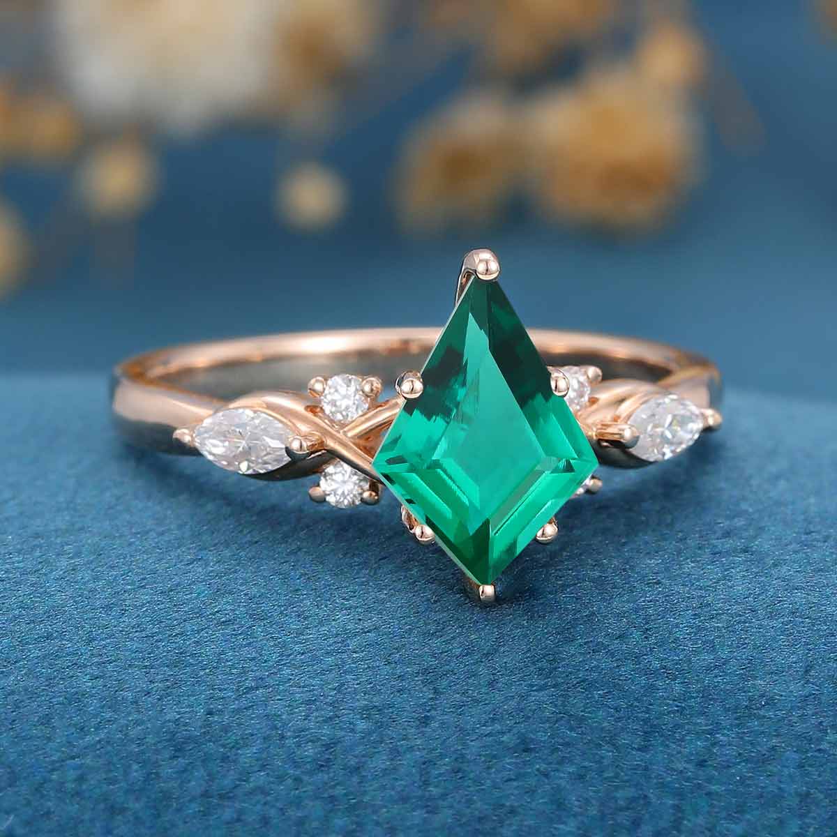 Kite Cut Lab Emerald Cluster Engagement Ring - Image 4