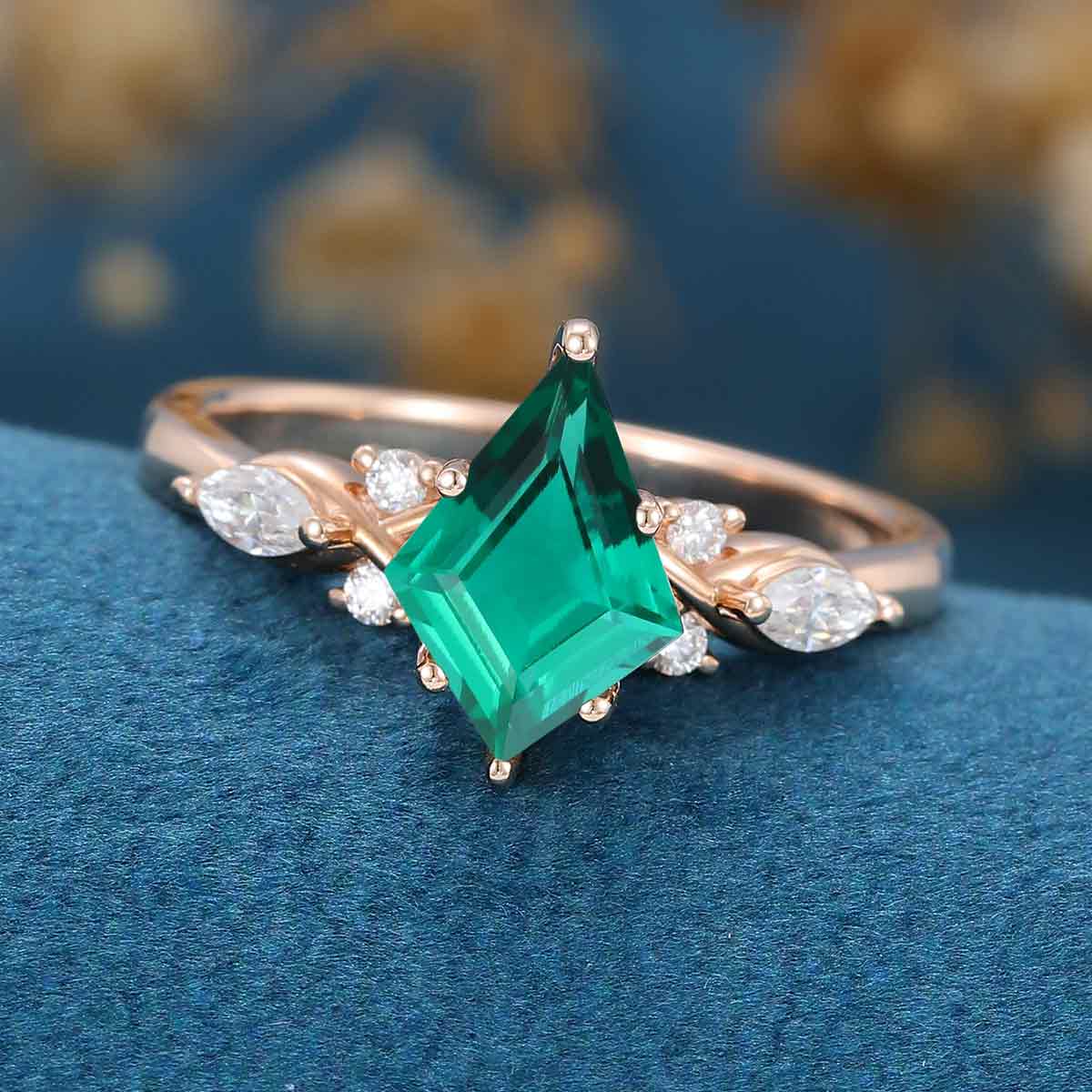 Kite Cut Lab Emerald Cluster Engagement Ring - Image 5