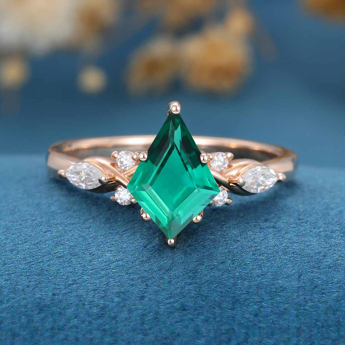 Kite Cut Lab Emerald Cluster Engagement Ring - Image 7