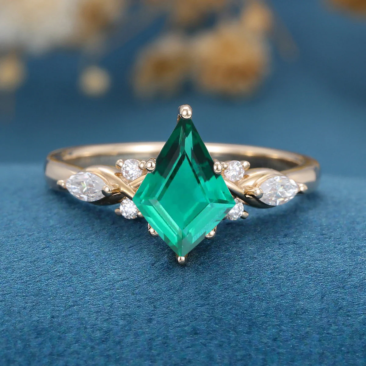 Kite Cut Lab Emerald Cluster Engagement Ring - Image 8