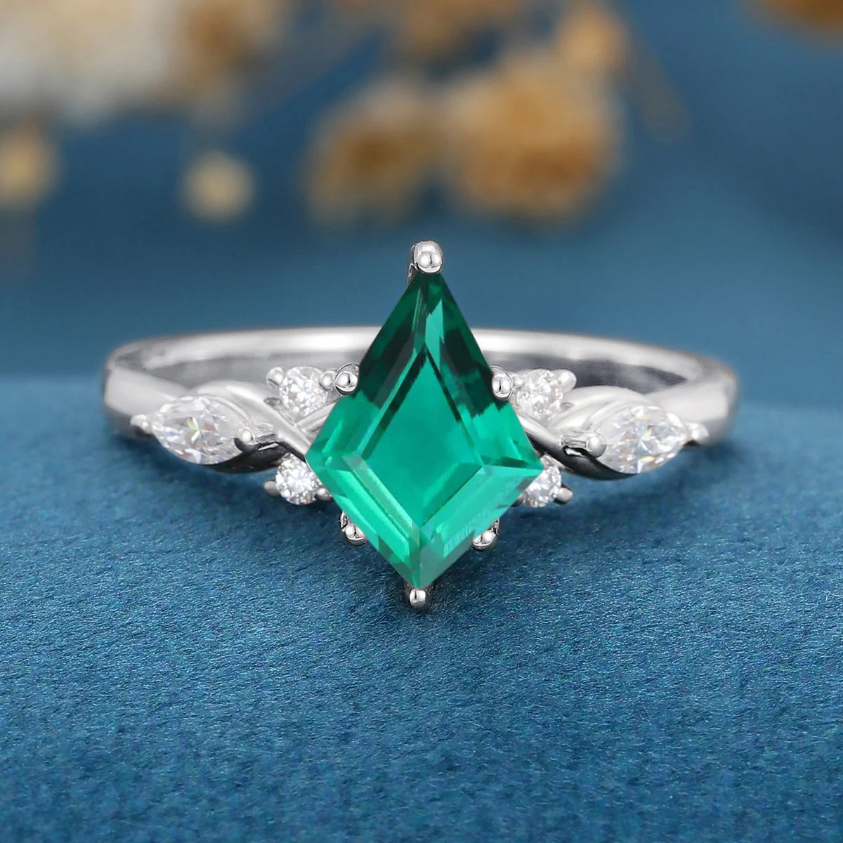 Kite Cut Lab Emerald Cluster Engagement Ring - Image 9