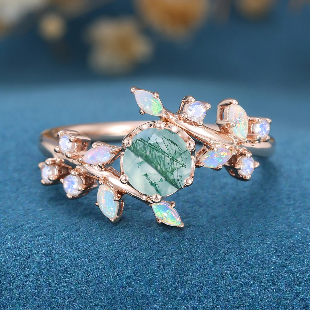 Round Cut Natural Green Moss Agate Cluster Engagement Ring - Image 6