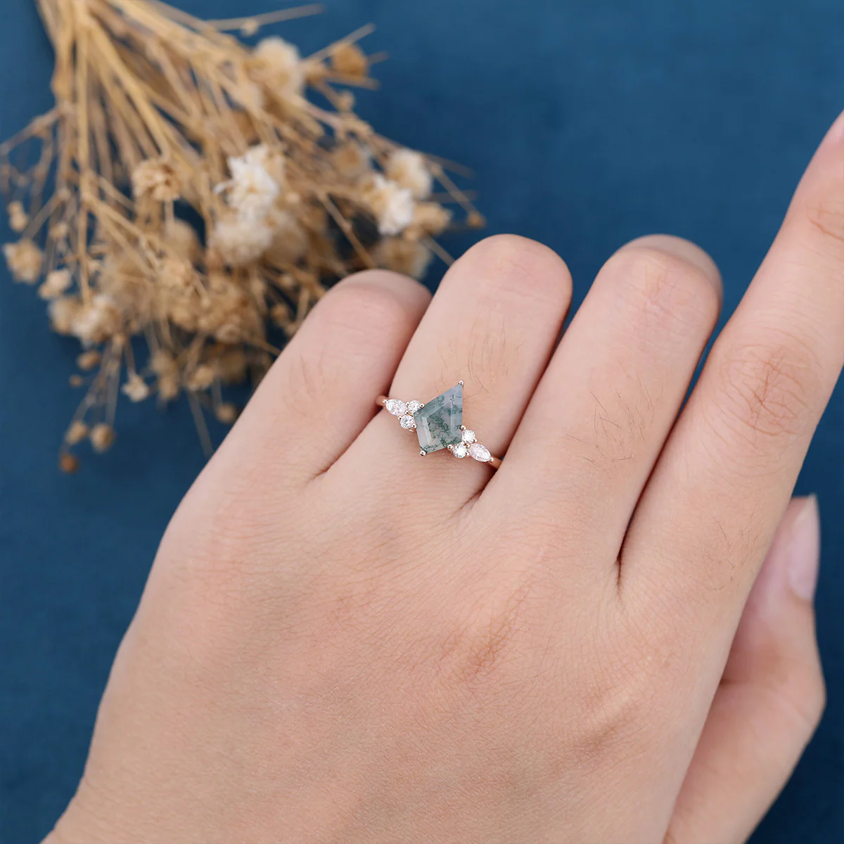Natural Green Moss Agate Cluster Engagement Ring - Image 2