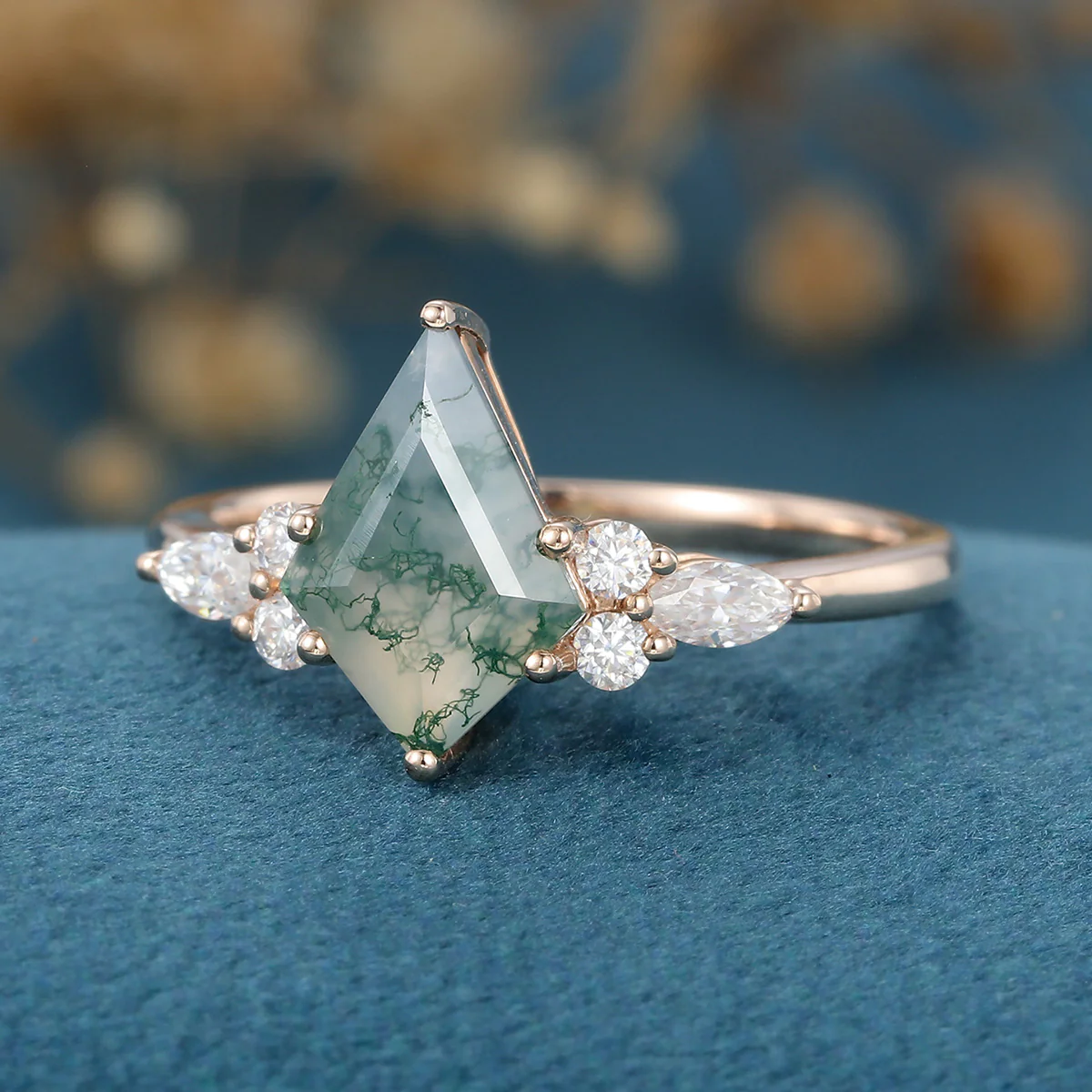 Natural Green Moss Agate Cluster Engagement Ring - Image 5