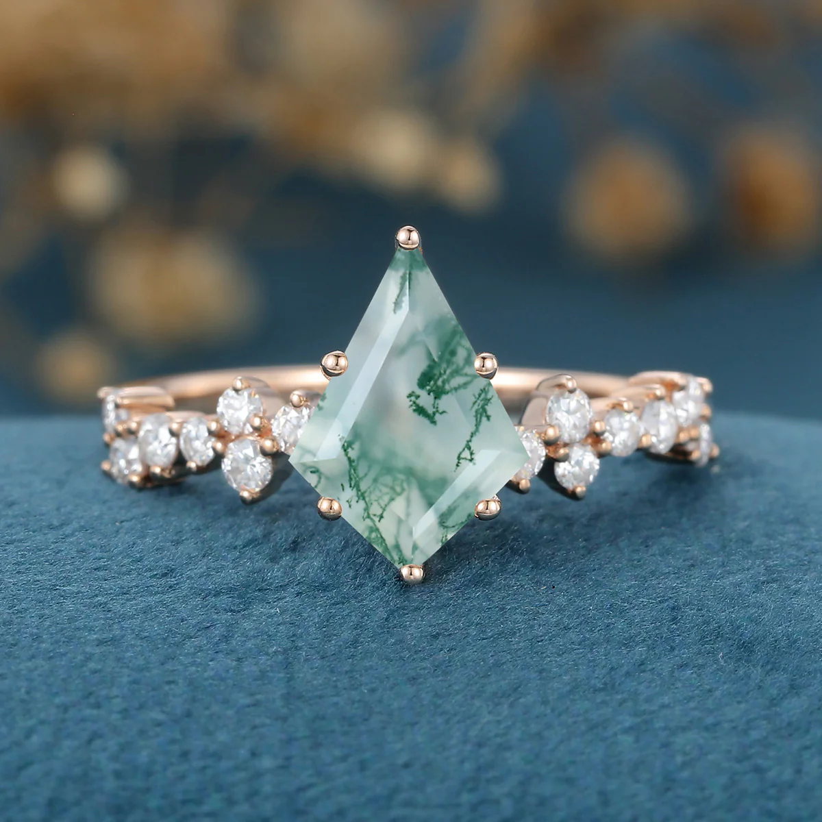 Kite Cut Natural Green Moss Agate Cluster Engagement Ring - Image 3