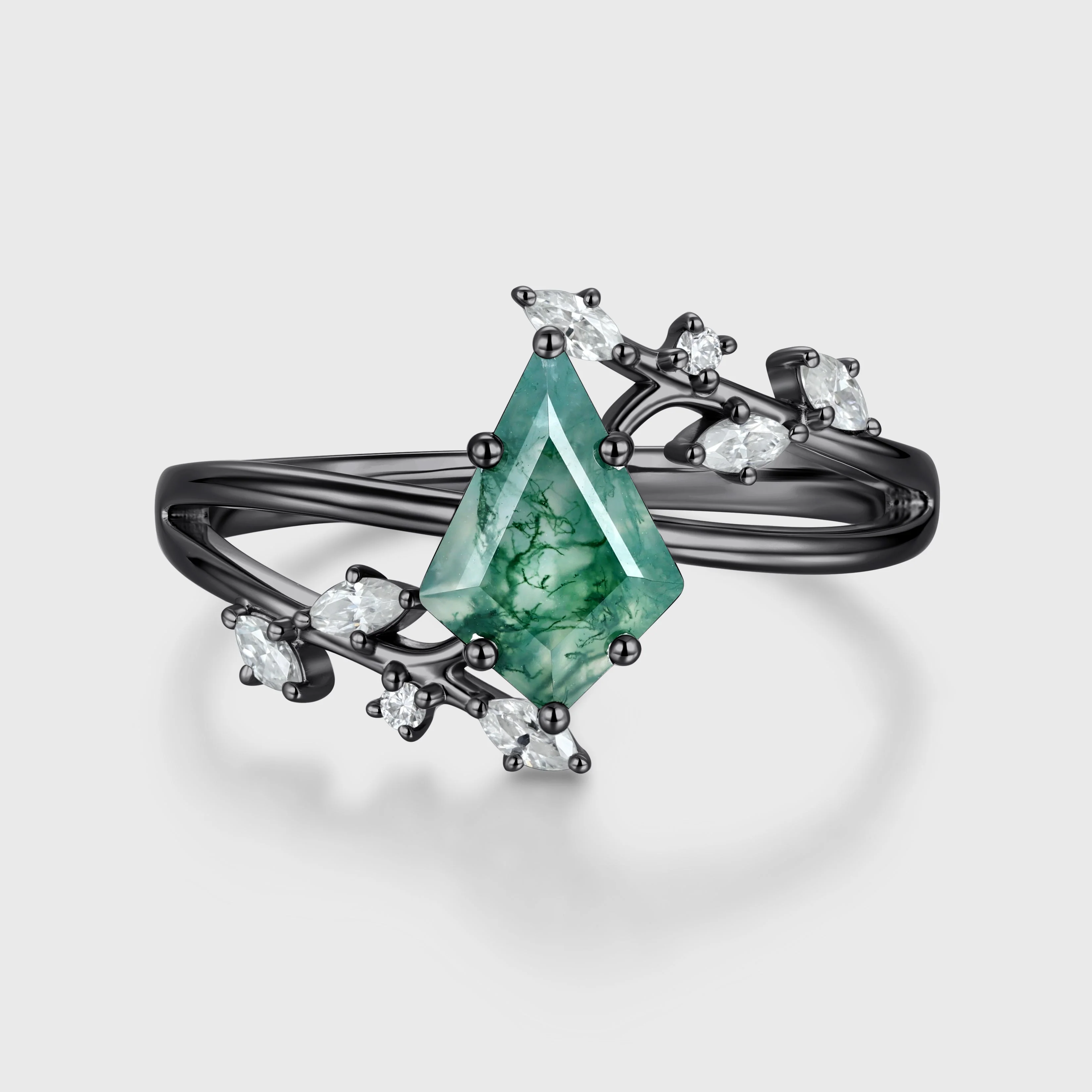 Kite Cut Natural Green Moss Agate Cluster Engagement Ring - Image 3