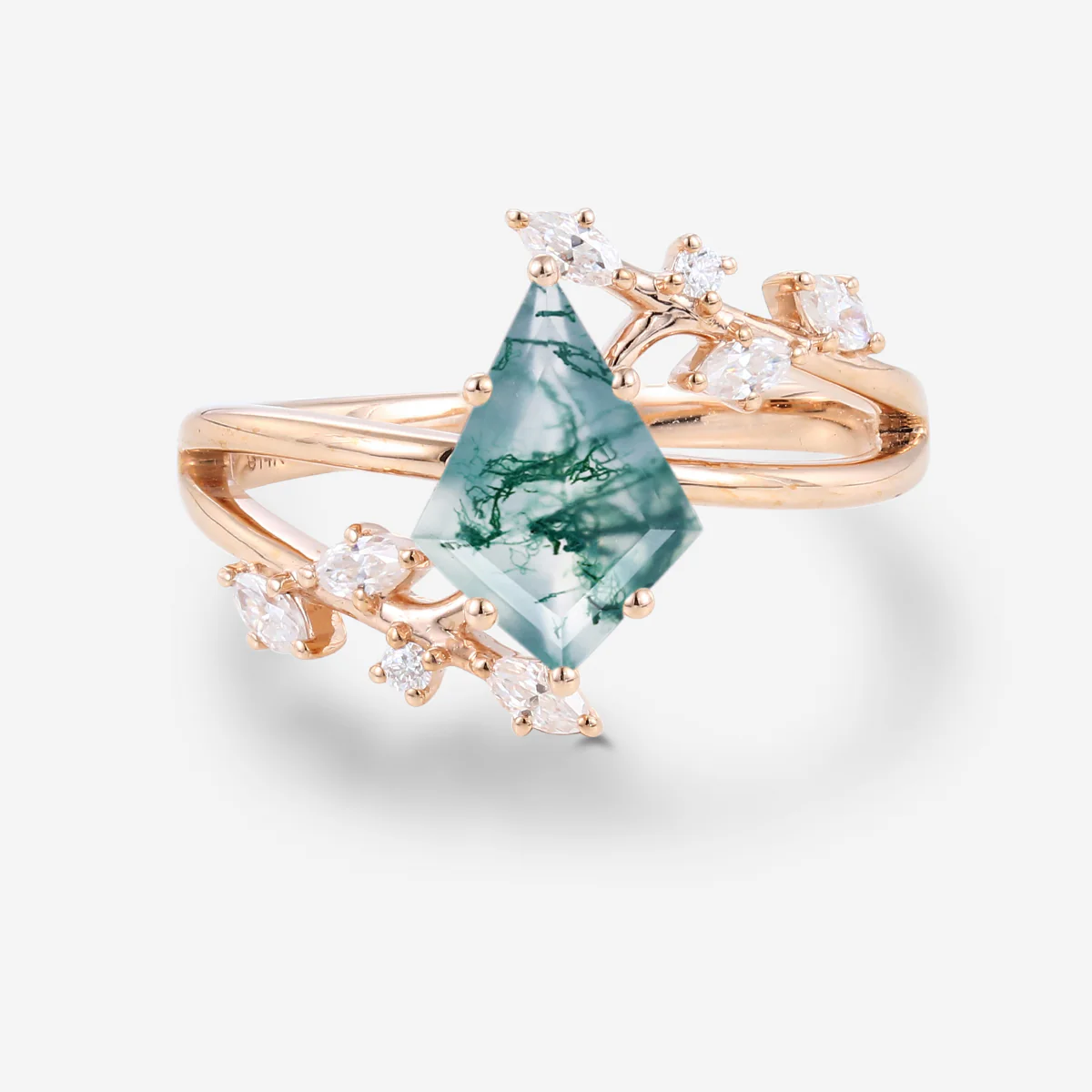 Kite Cut Natural Green Moss Agate Cluster Engagement Ring - Image 4
