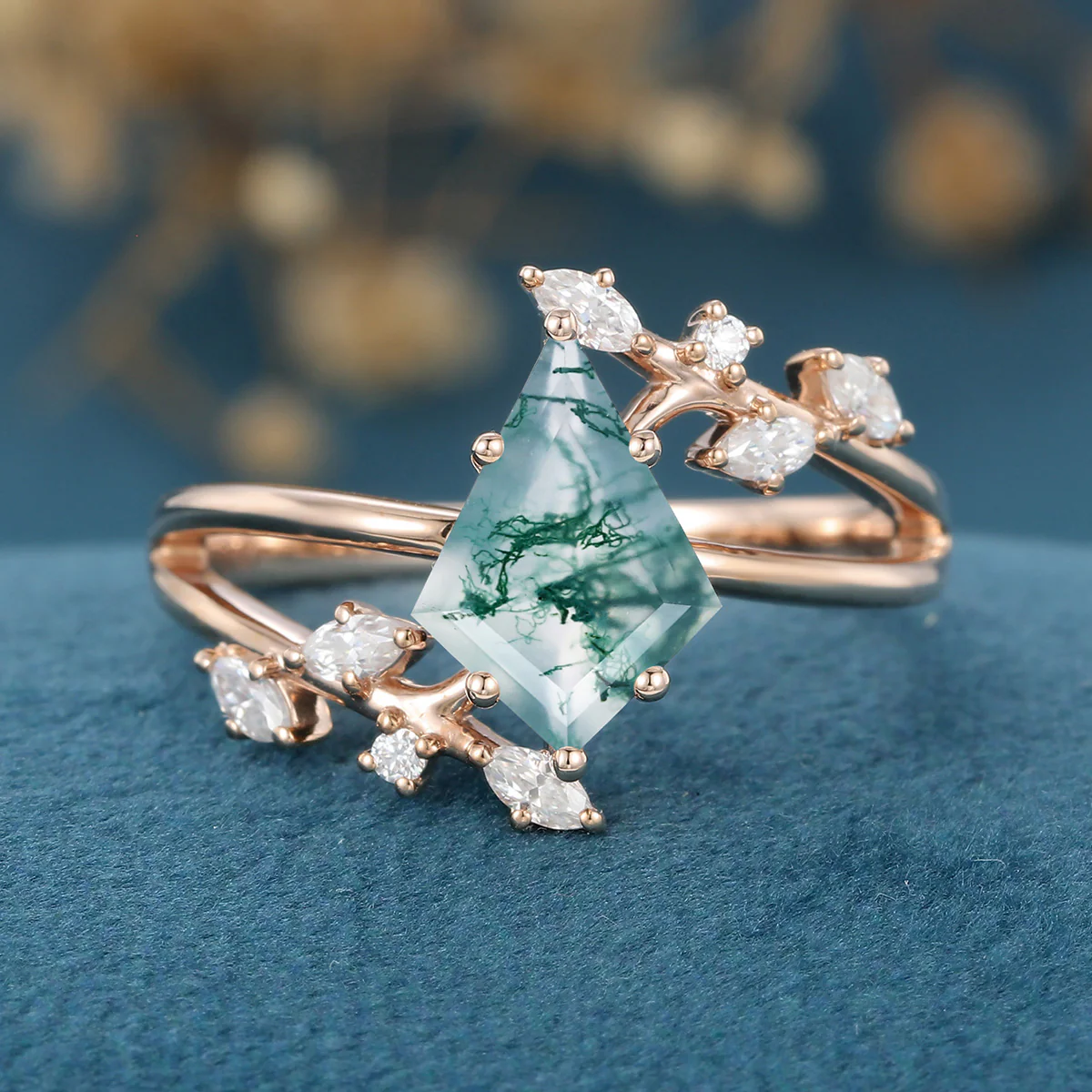 Kite Cut Natural Green Moss Agate Cluster Engagement Ring - Image 5