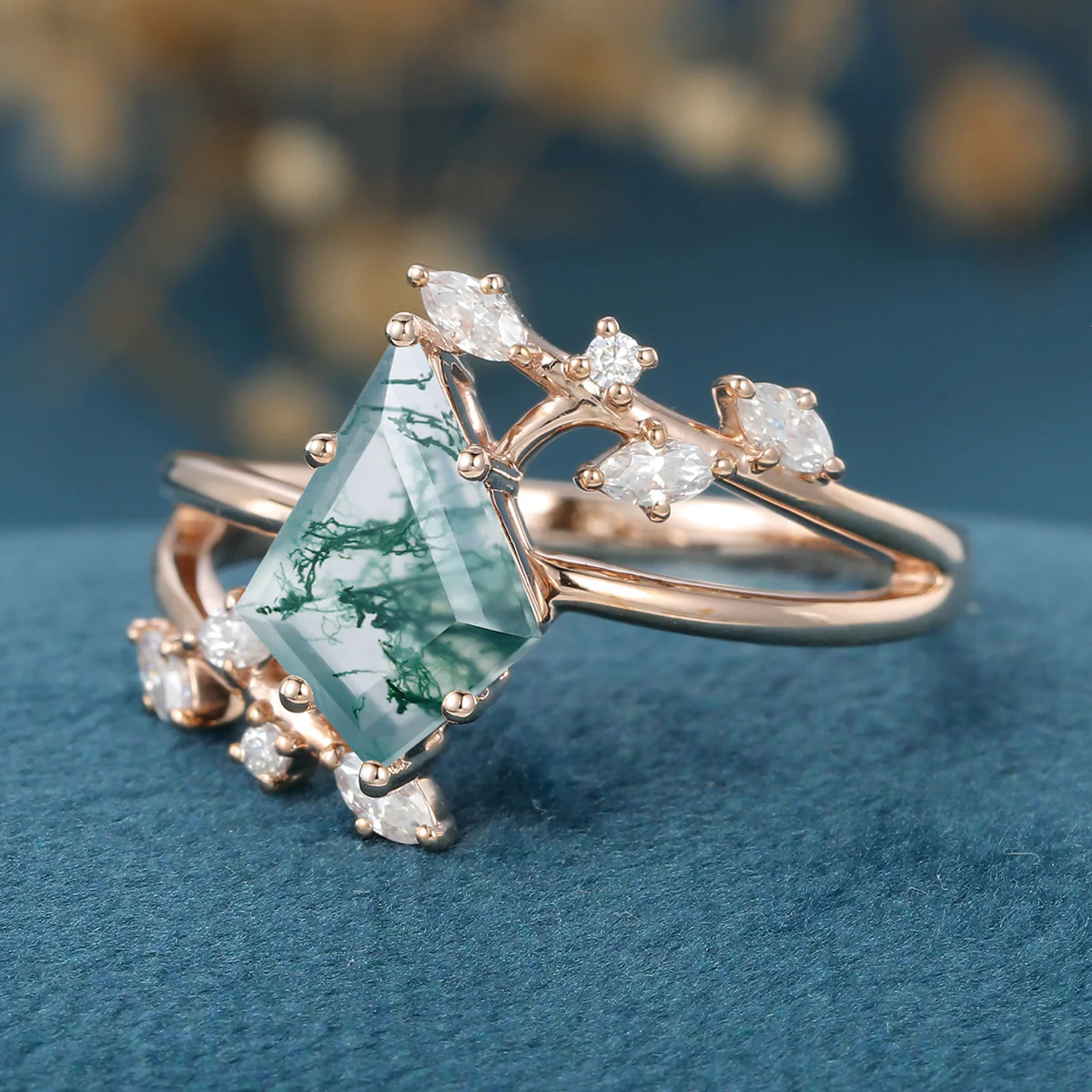 Kite Cut Natural Green Moss Agate Cluster Engagement Ring - Image 6