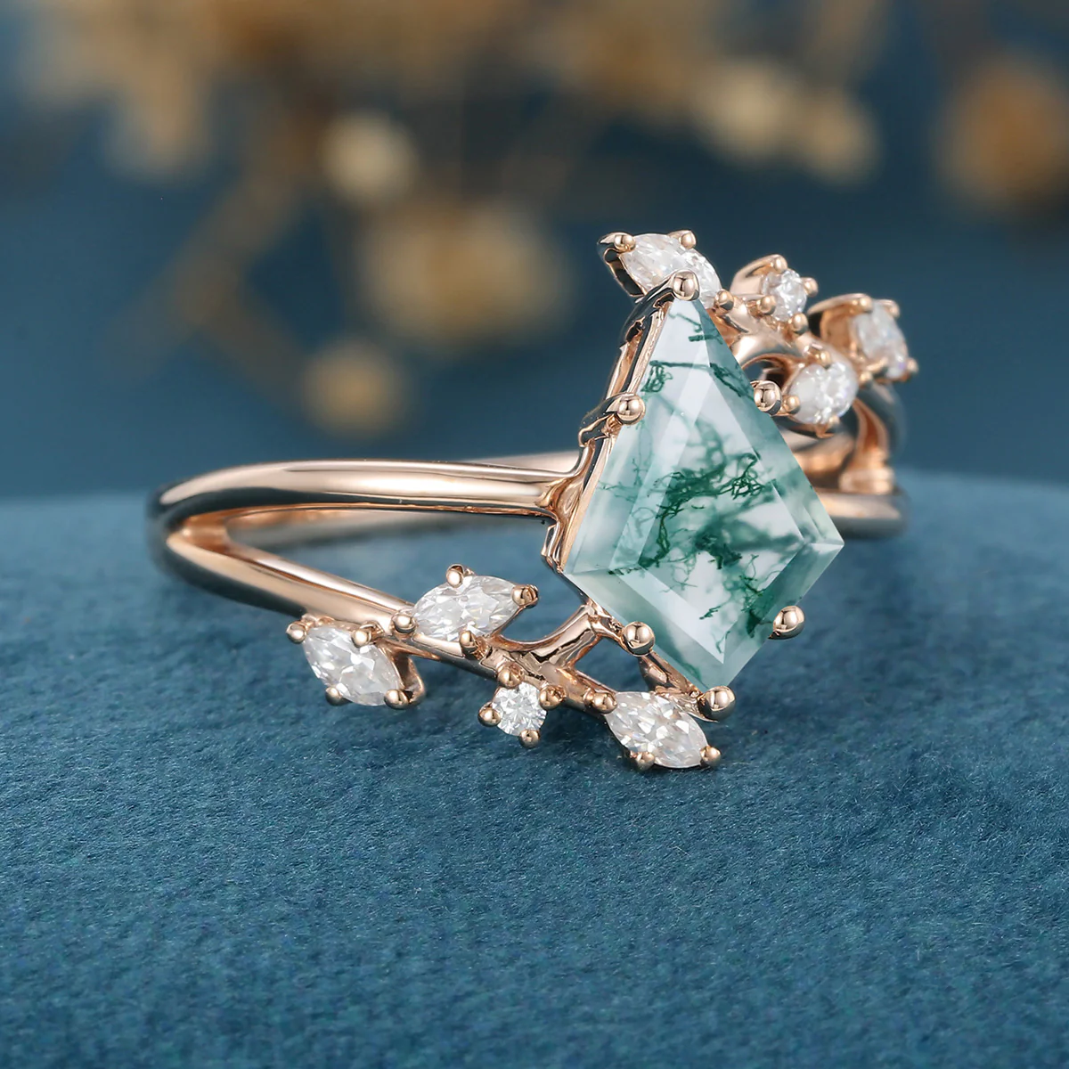 Kite Cut Natural Green Moss Agate Cluster Engagement Ring - Image 7