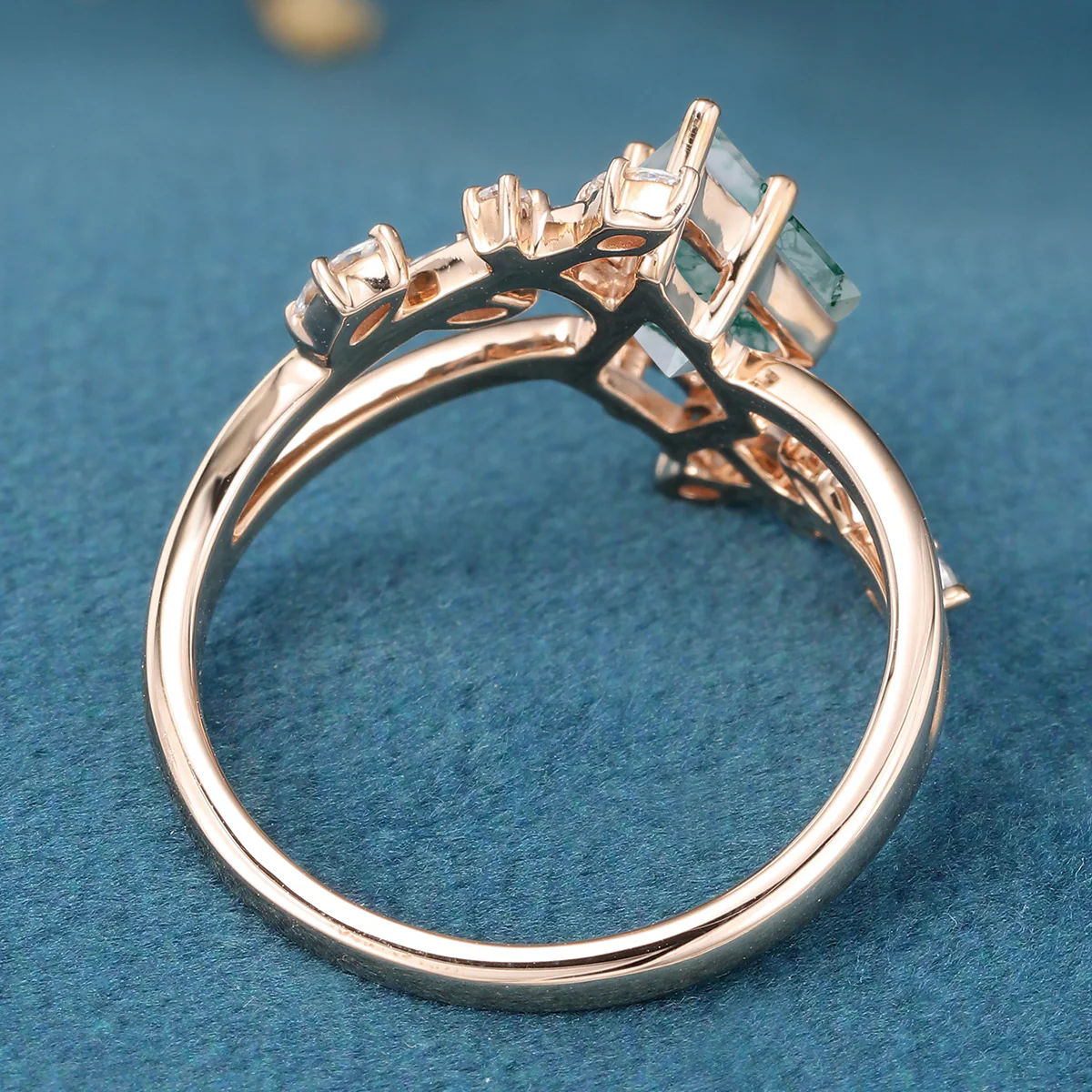 Kite Cut Natural Green Moss Agate Cluster Engagement Ring - Image 8