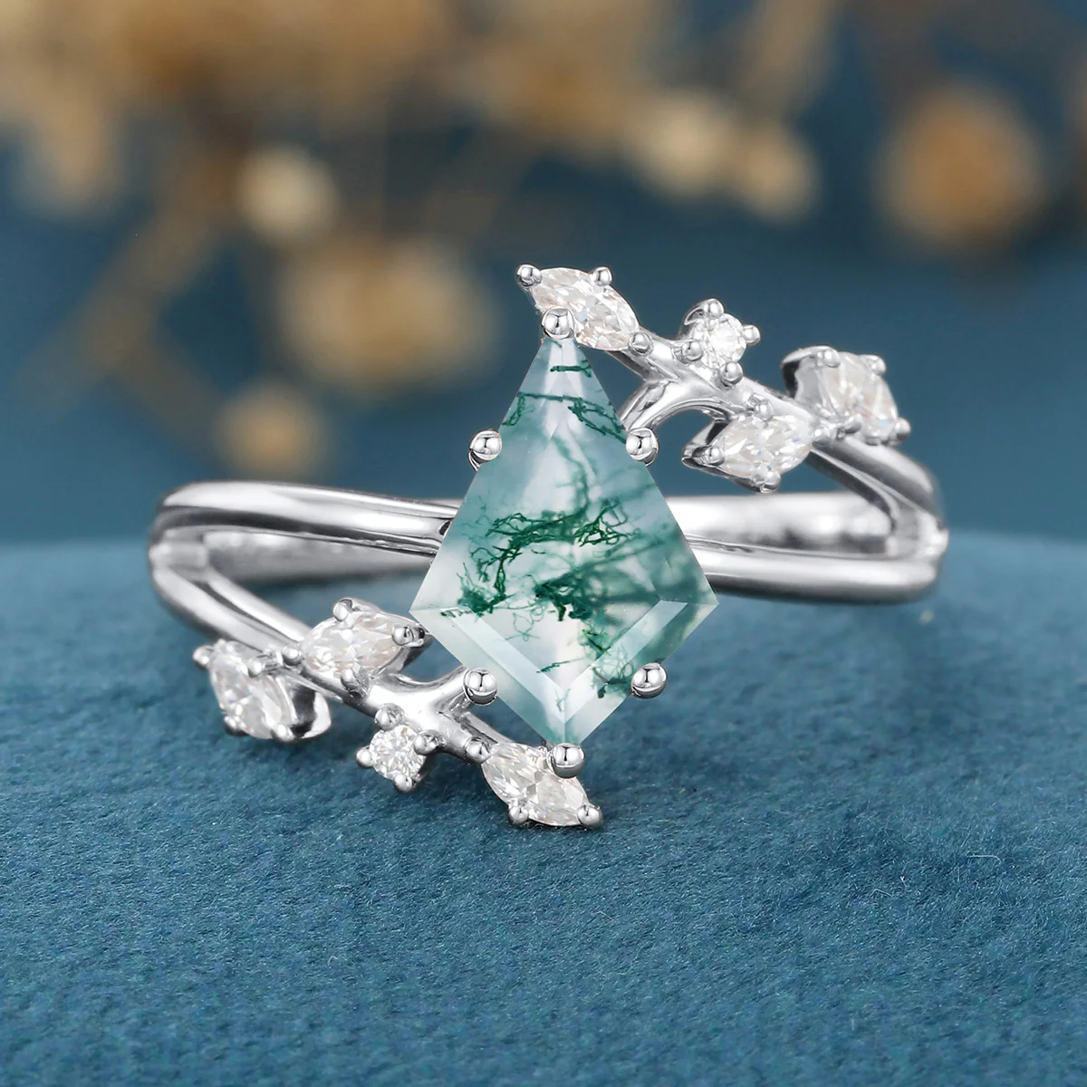 Kite Cut Natural Green Moss Agate Cluster Engagement Ring - Image 9
