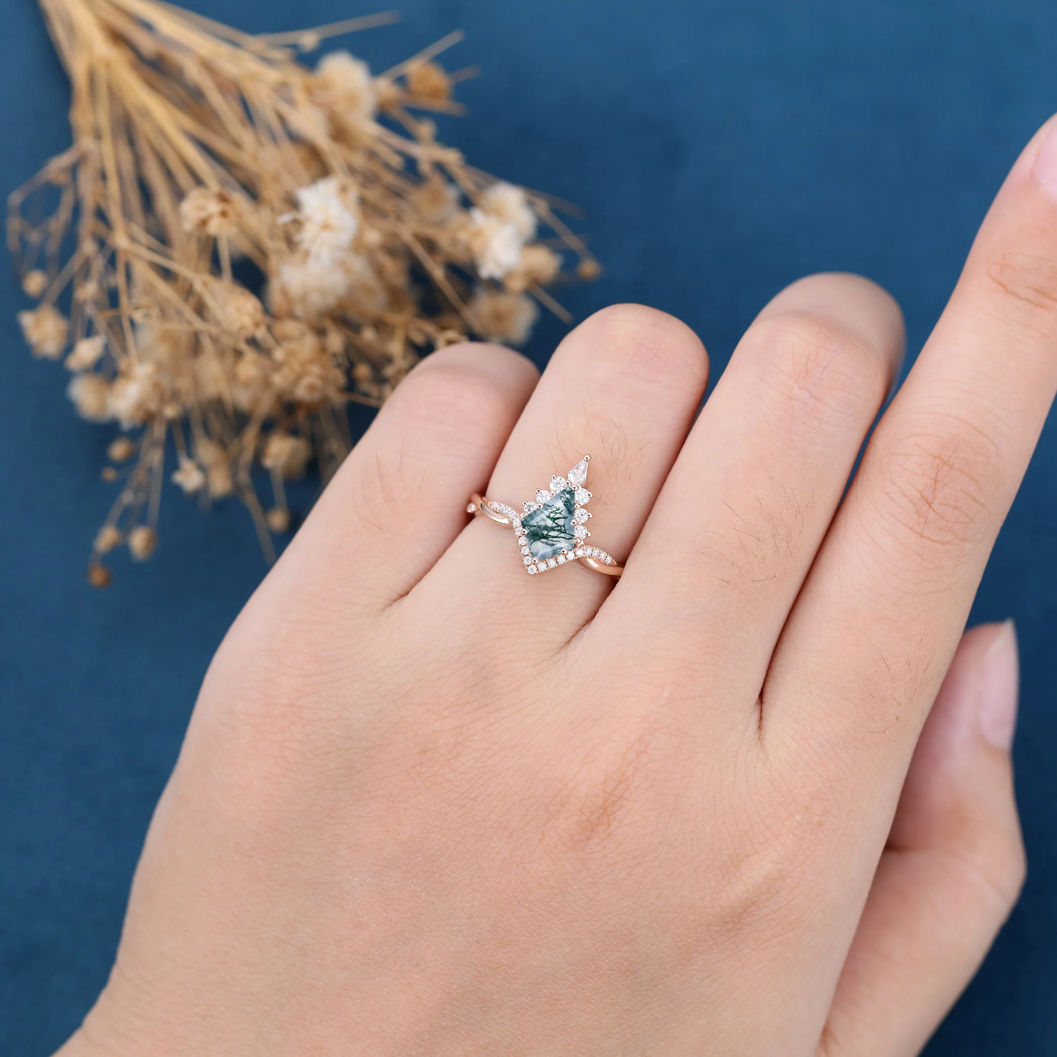 Kite Cut Natural Green Moss Agate Cluster Engagement Ring - Image 2