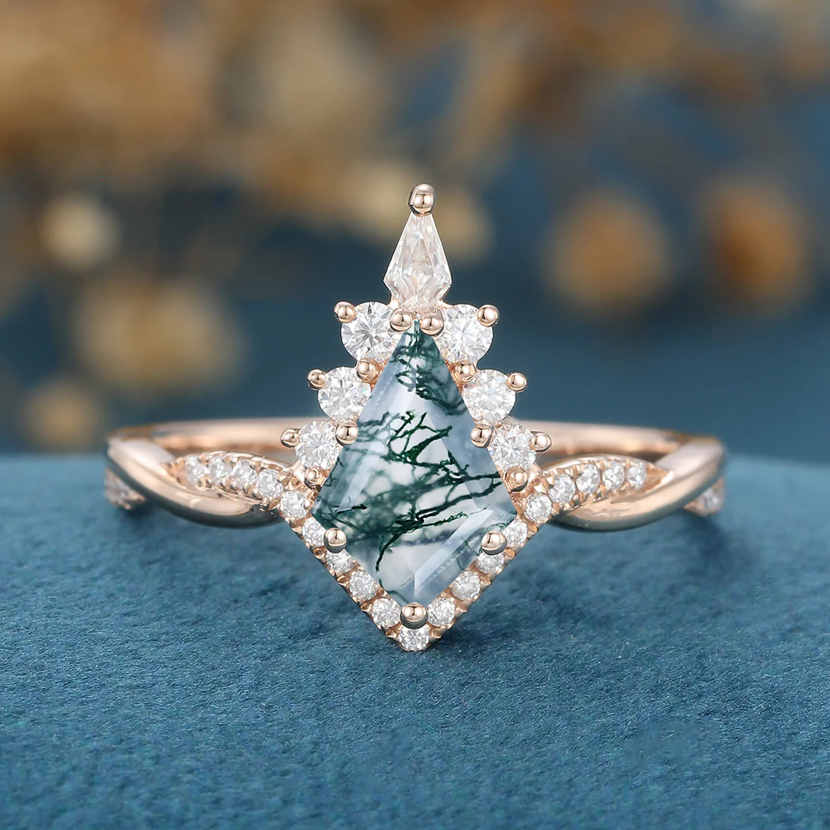 Kite Cut Natural Green Moss Agate Cluster Engagement Ring - Image 3