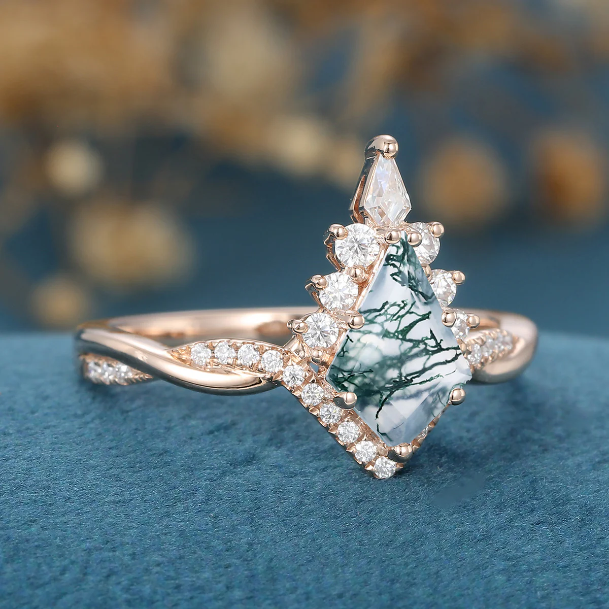 Kite Cut Natural Green Moss Agate Cluster Engagement Ring - Image 5