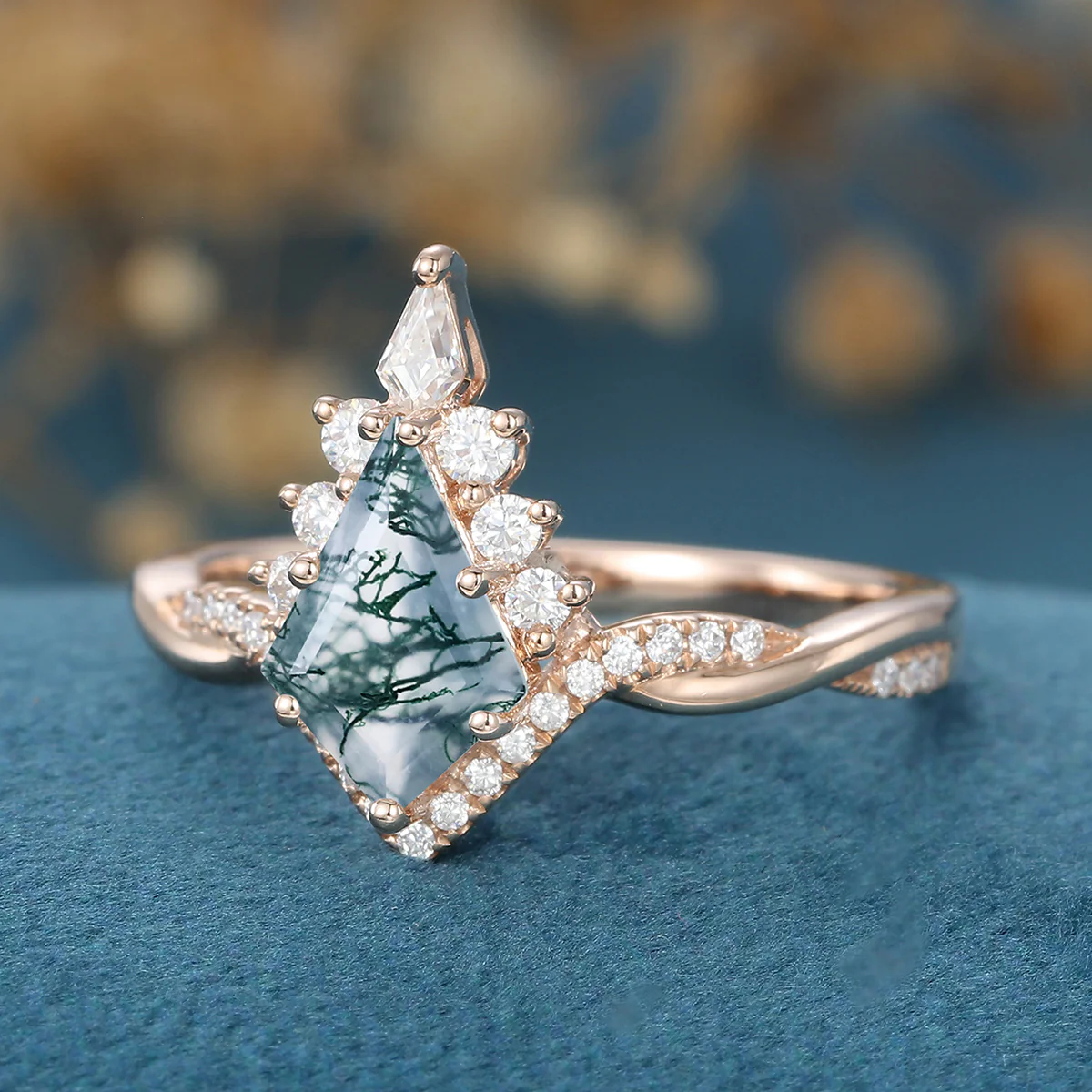 Kite Cut Natural Green Moss Agate Cluster Engagement Ring - Image 6