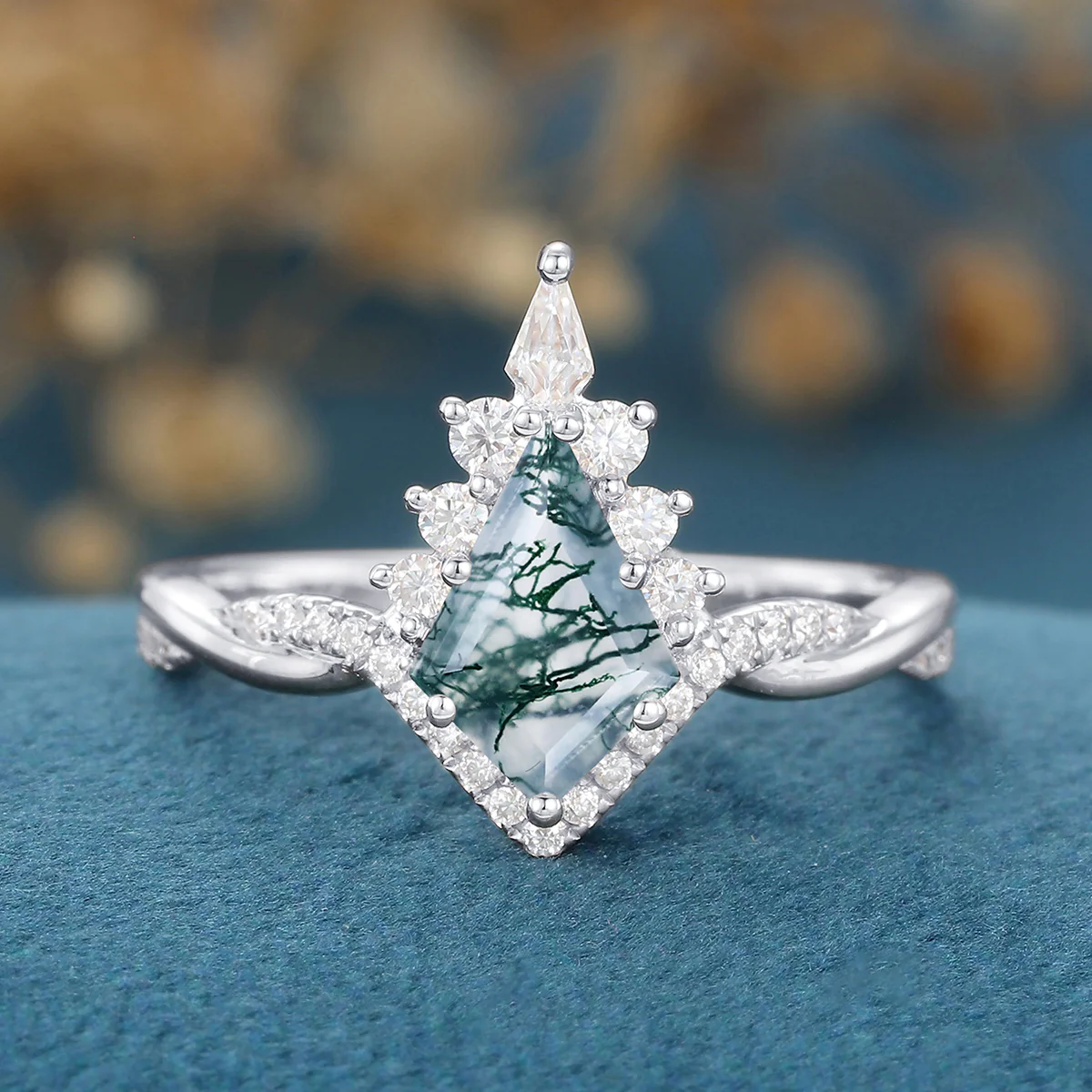 Kite Cut Natural Green Moss Agate Cluster Engagement Ring - Image 7