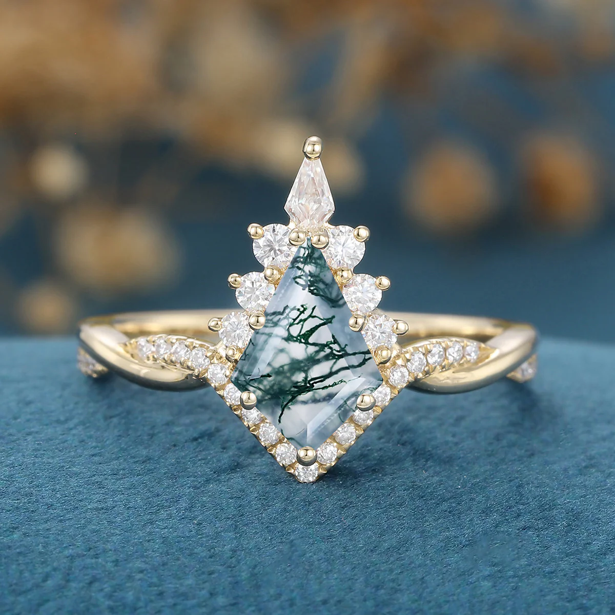 Kite Cut Natural Green Moss Agate Cluster Engagement Ring - Image 8