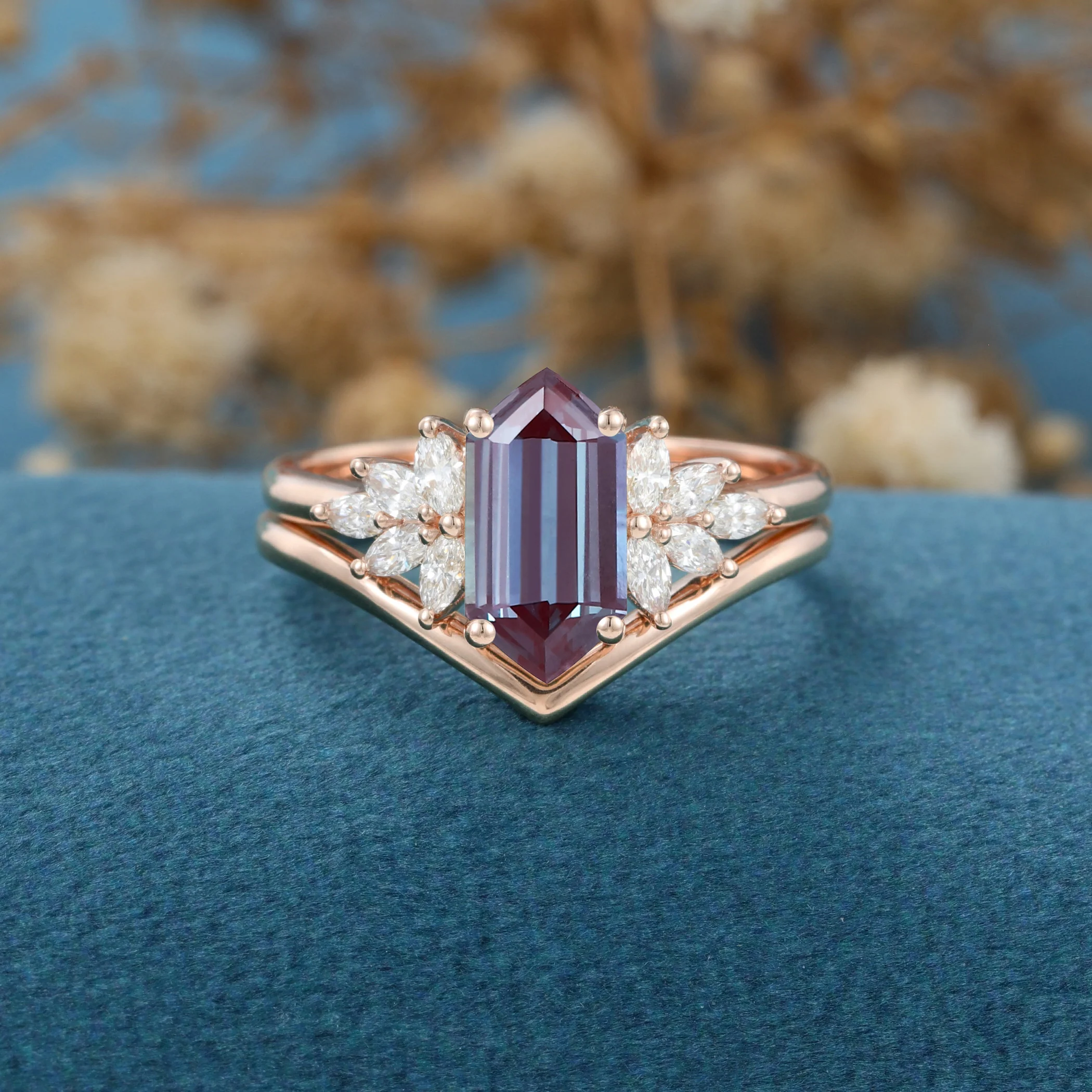 Long Hexagon cut Lab Alexandrite Engagement Ring Bridal Set - Image 7