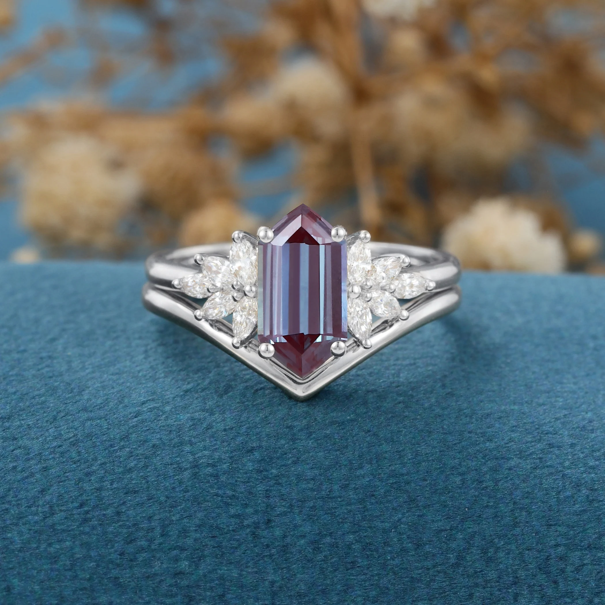 Long Hexagon cut Lab Alexandrite Engagement Ring Bridal Set - Image 8