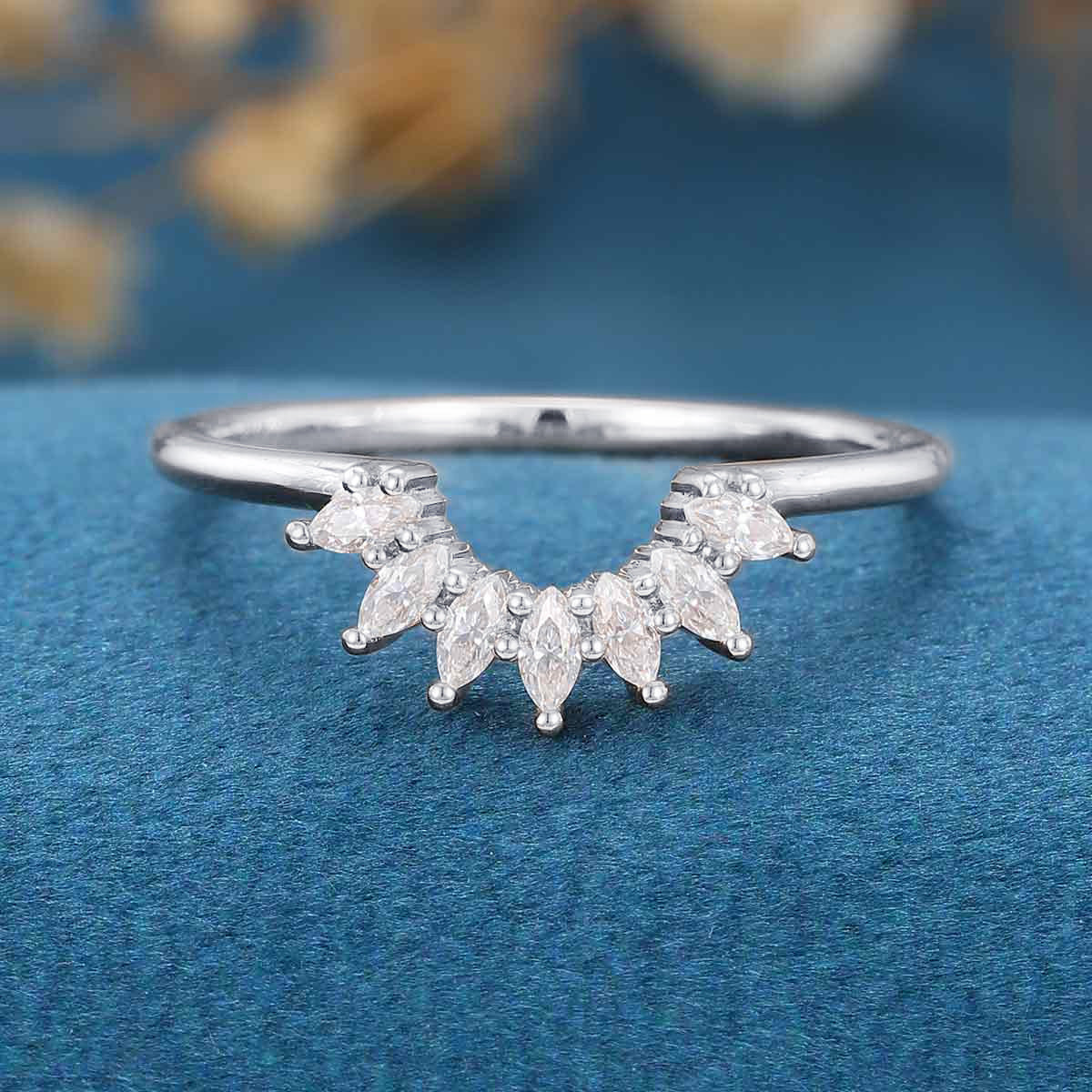 Marquise Moissanite | Diamond Curved Wedding Band Ring - Image 8