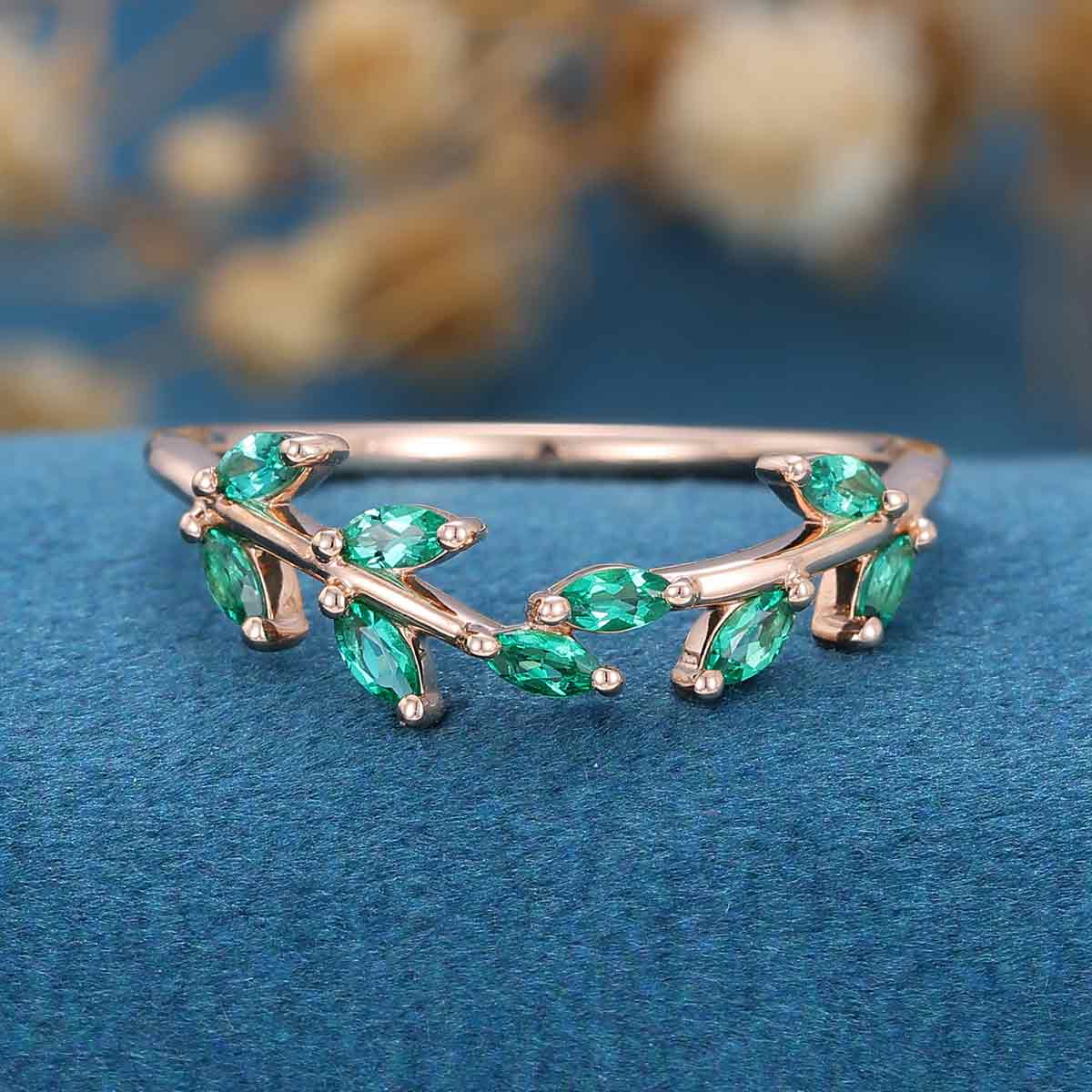 Marquise cut Natural Emerald Curved Wedding Band Ring - Image 3