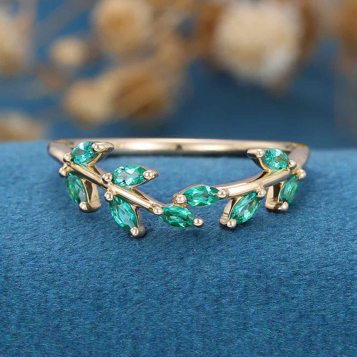 Marquise cut Natural Emerald Curved Wedding Band Ring - Image 7