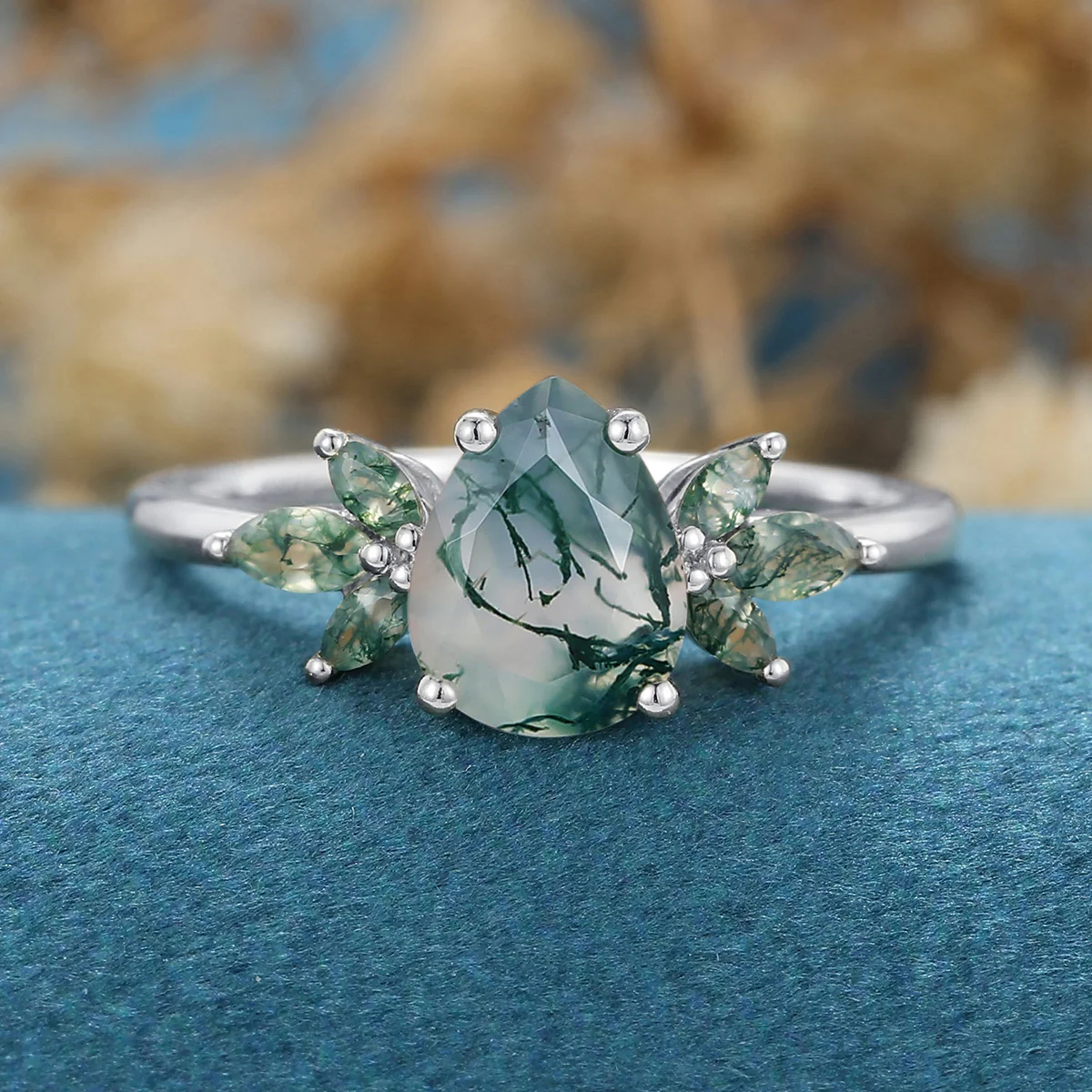 Natural Green Moss Agate pear cut cluster Engagement Ring - Image 10