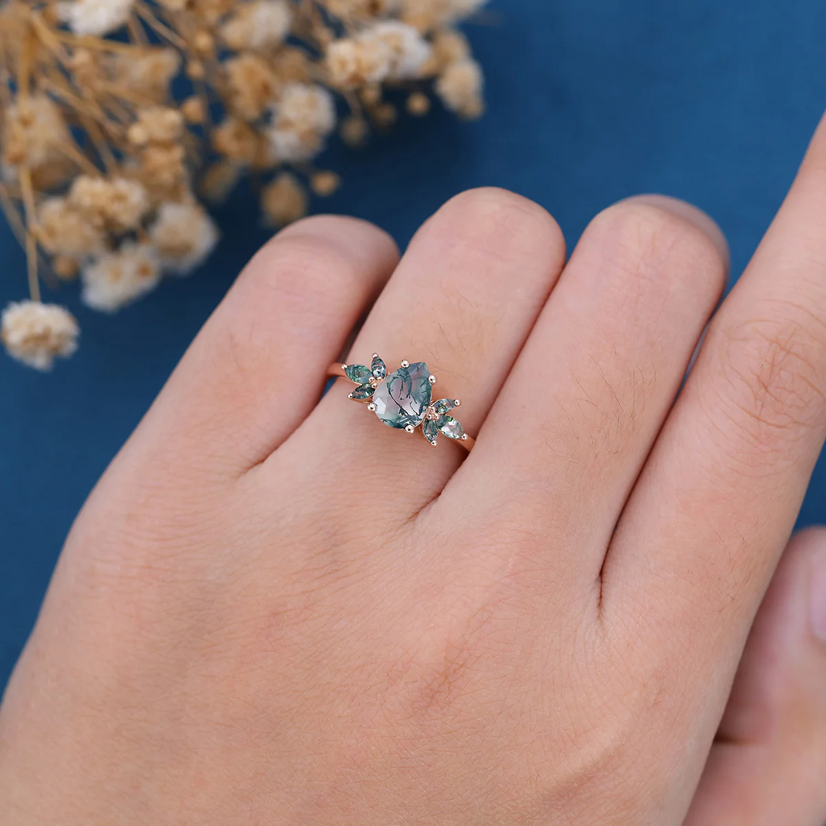 Natural Green Moss Agate pear cut cluster Engagement Ring - Image 2