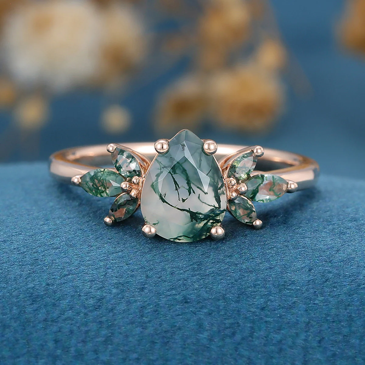 Natural Green Moss Agate pear cut cluster Engagement Ring - Image 3