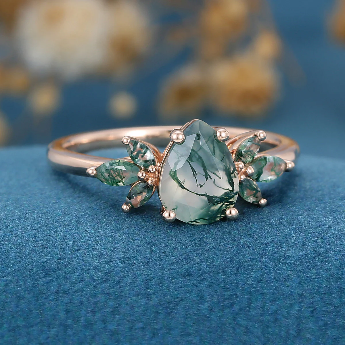Natural Green Moss Agate pear cut cluster Engagement Ring - Image 4