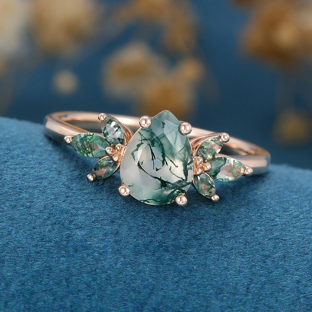 Natural Green Moss Agate pear cut cluster Engagement Ring - Image 5