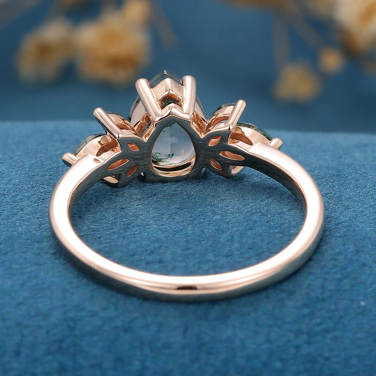 Natural Green Moss Agate pear cut cluster Engagement Ring - Image 6