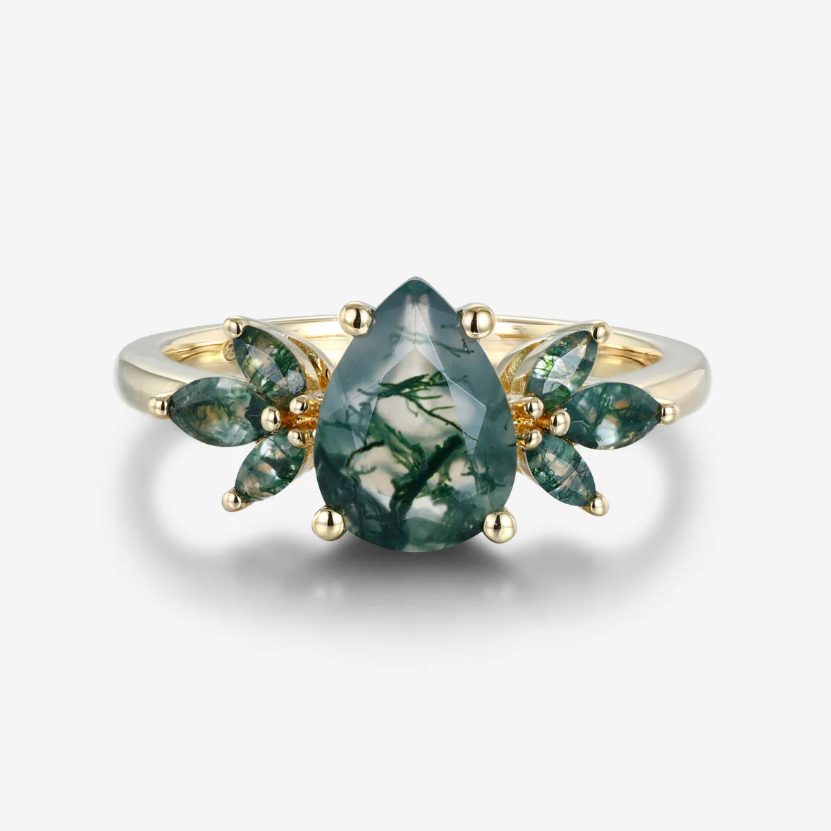 Natural Green Moss Agate pear cut cluster Engagement Ring - Image 7