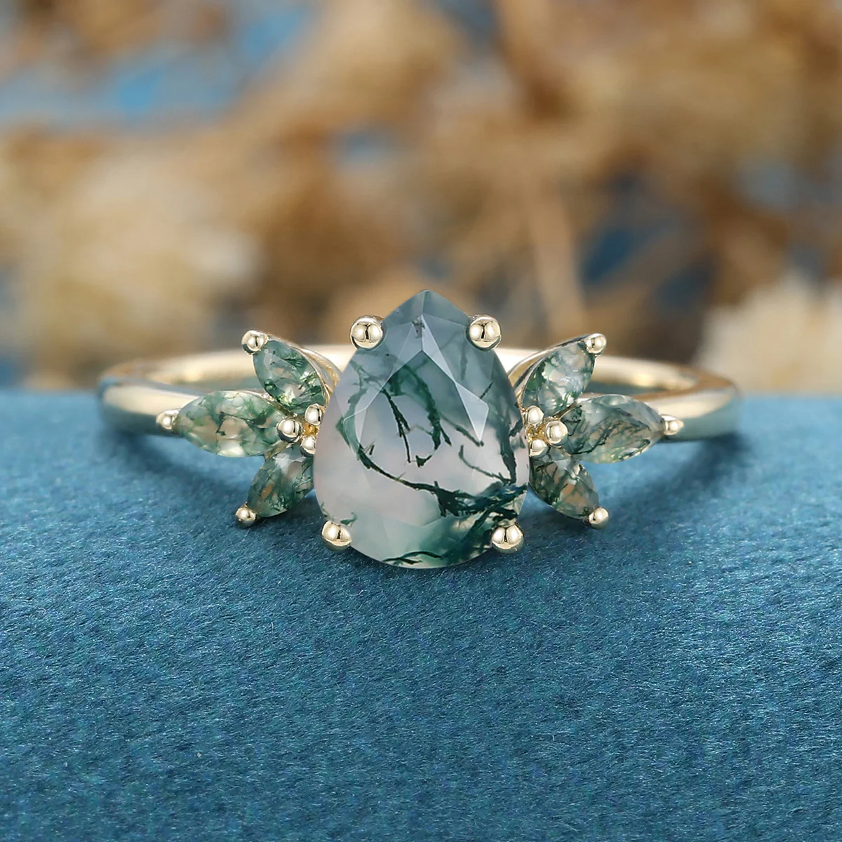 Natural Green Moss Agate pear cut cluster Engagement Ring - Image 8