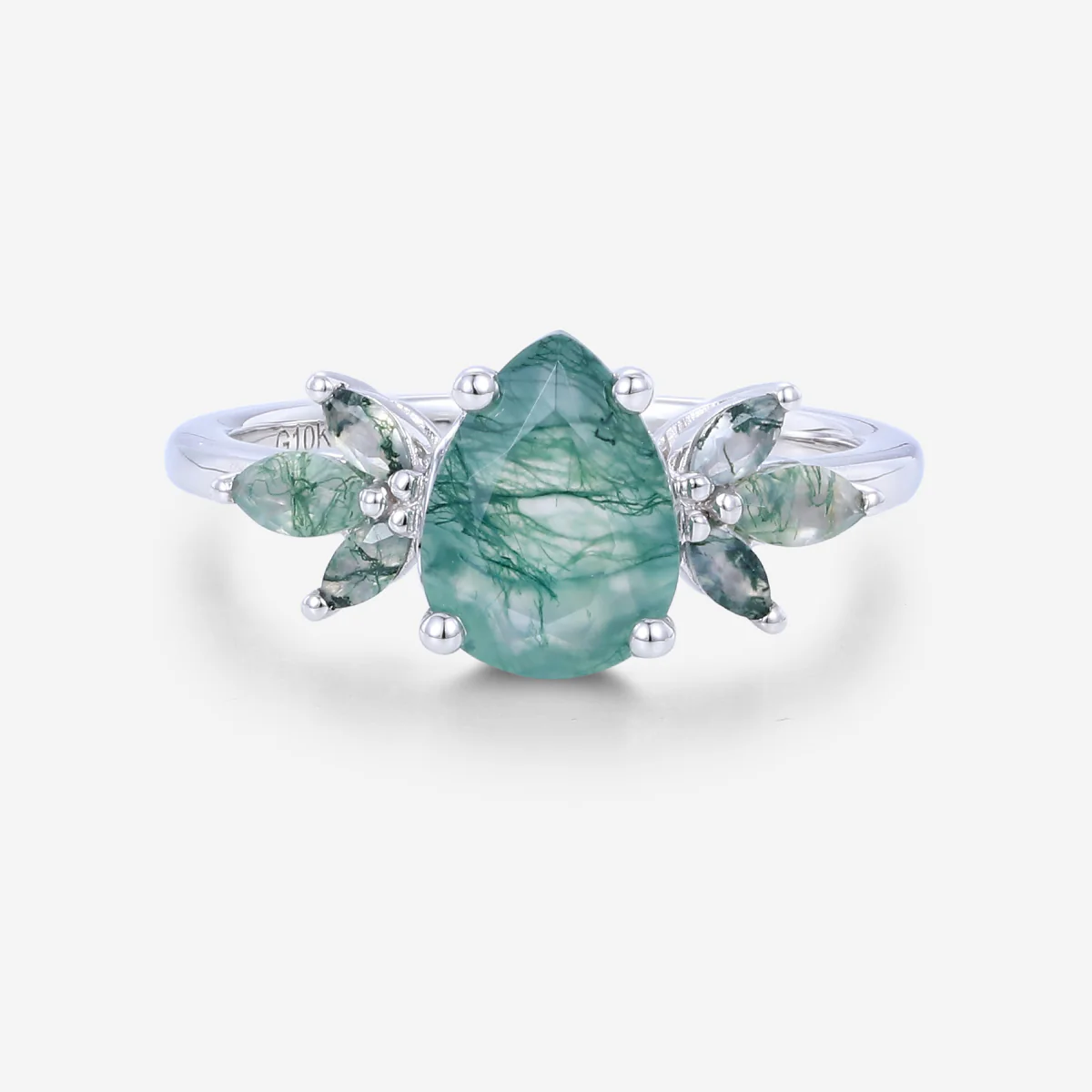 Natural Green Moss Agate pear cut cluster Engagement Ring - Image 9