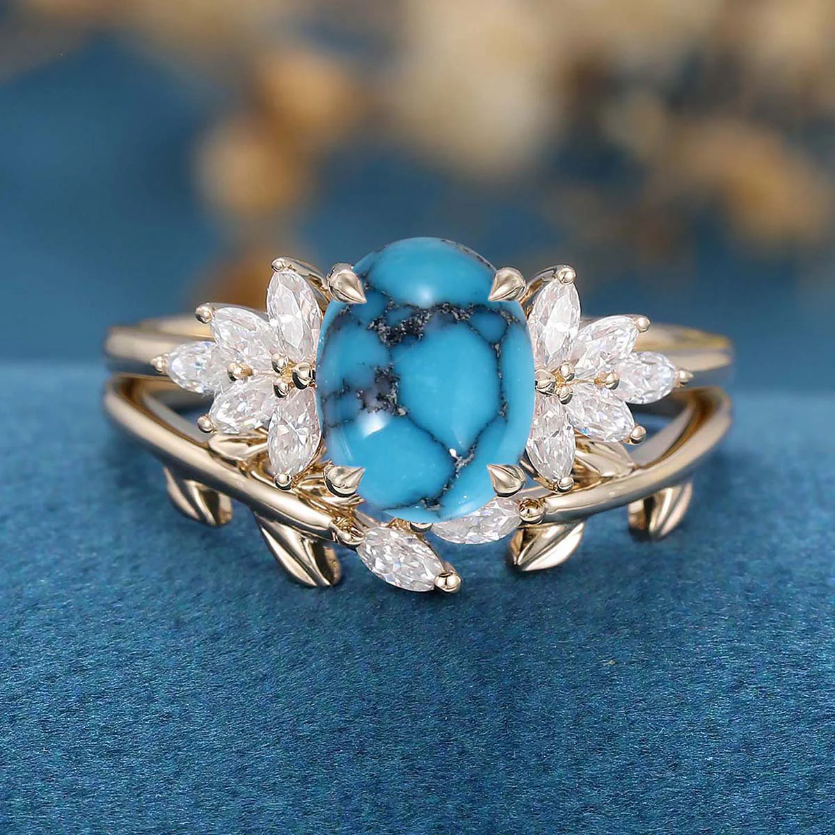 2PCS Oval Turquoise Cluster Engagement Ring Bridal Sets - Image 7