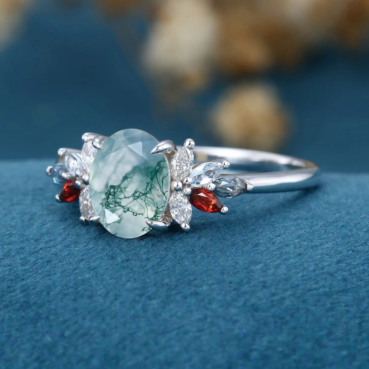 Natural Green Moss Agate Oval cut cluster Engagement Ring - Image 10