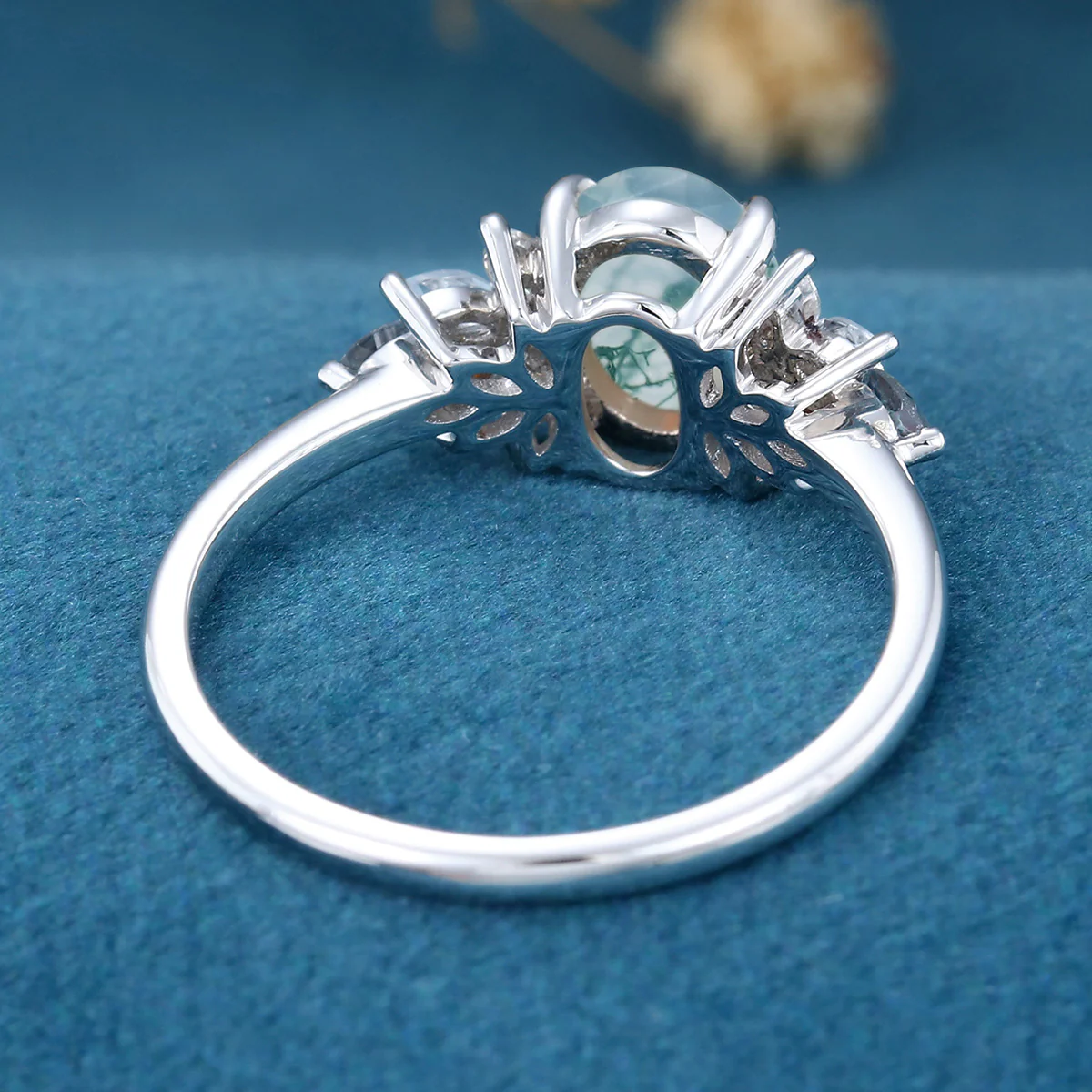 Natural Green Moss Agate Oval cut cluster Engagement Ring - Image 11