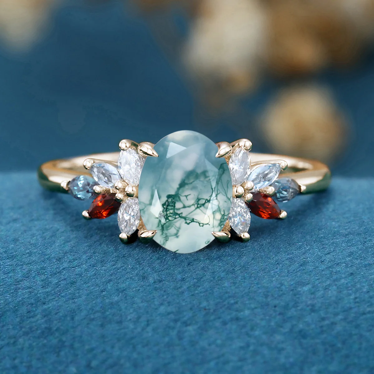 Natural Green Moss Agate Oval cut cluster Engagement Ring - Image 12