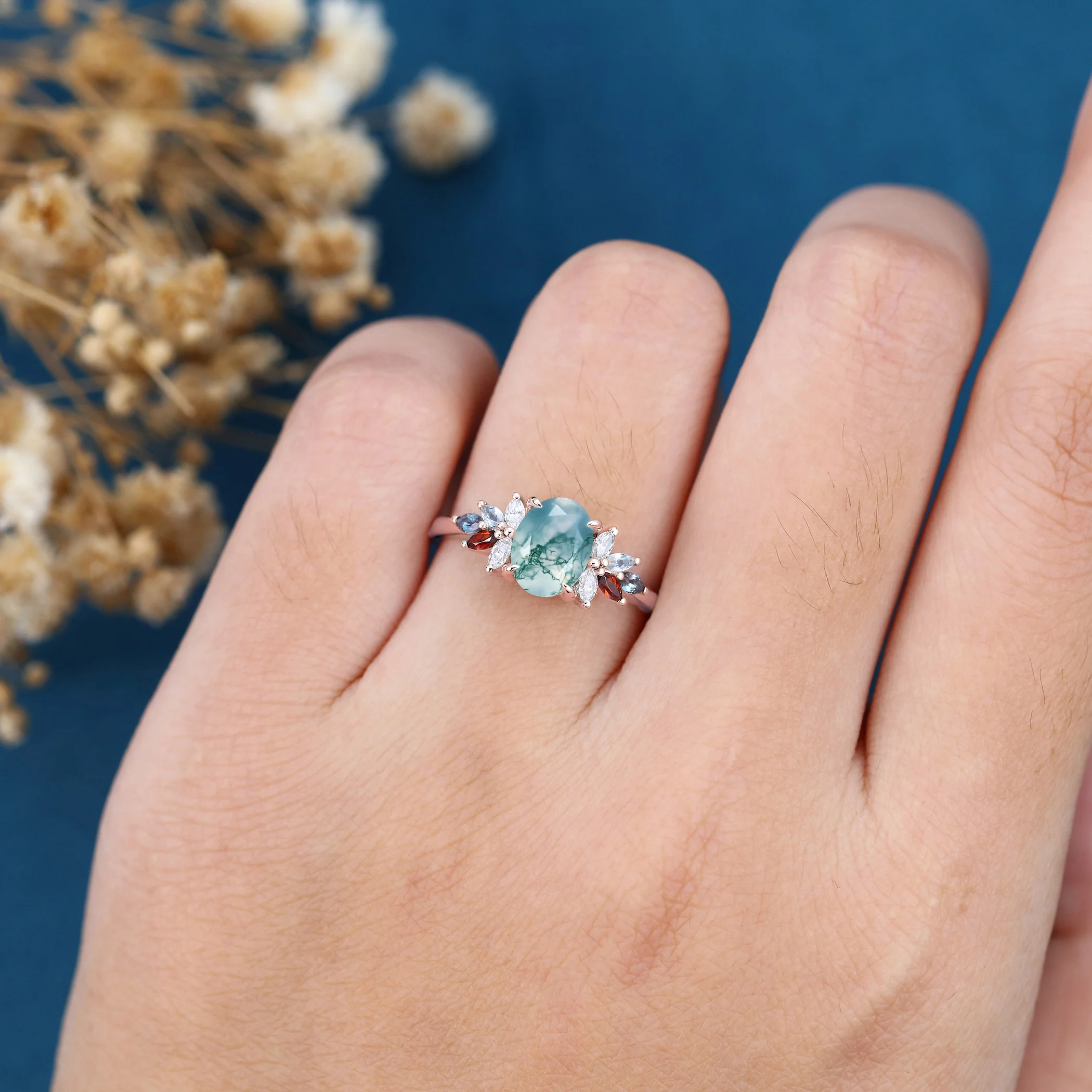 Natural Green Moss Agate Oval cut cluster Engagement Ring - Image 2