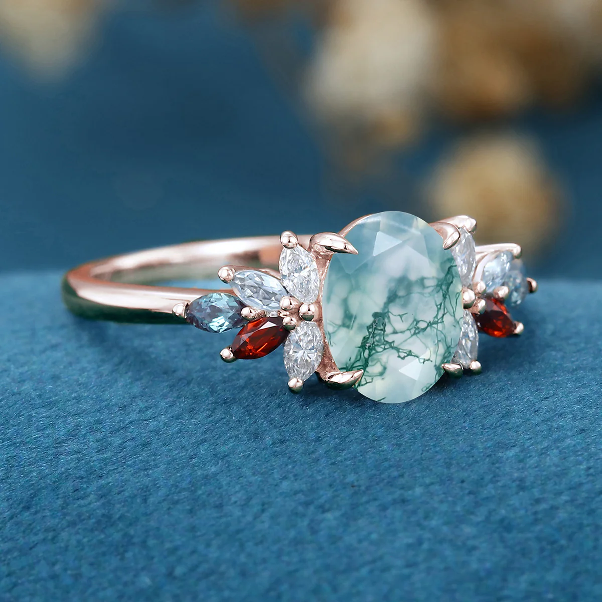 Natural Green Moss Agate Oval cut cluster Engagement Ring - Image 4