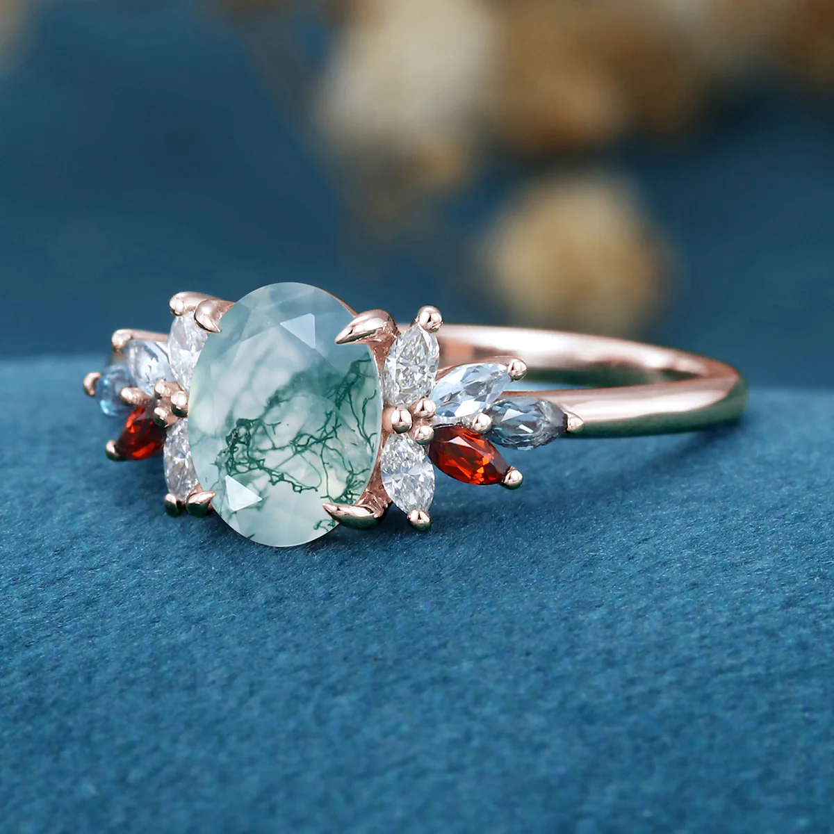 Natural Green Moss Agate Oval cut cluster Engagement Ring - Image 5