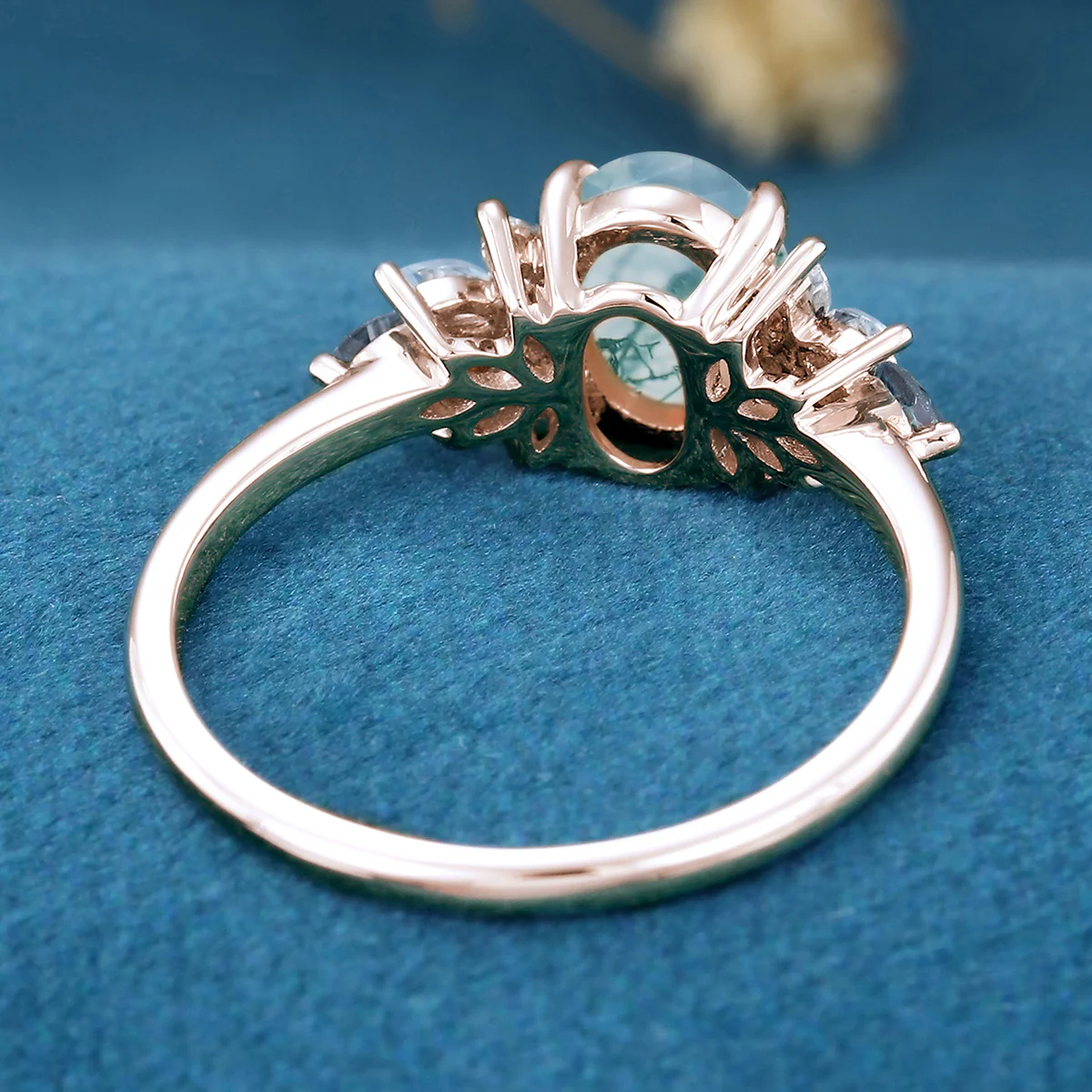 Natural Green Moss Agate Oval cut cluster Engagement Ring - Image 6