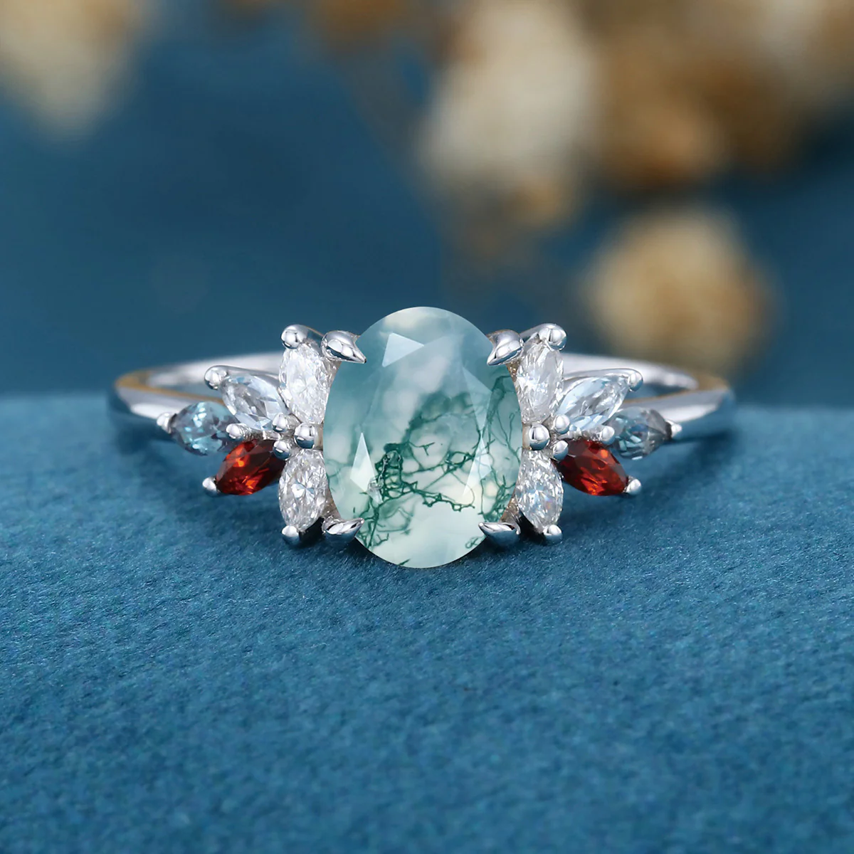Natural Green Moss Agate Oval cut cluster Engagement Ring - Image 7
