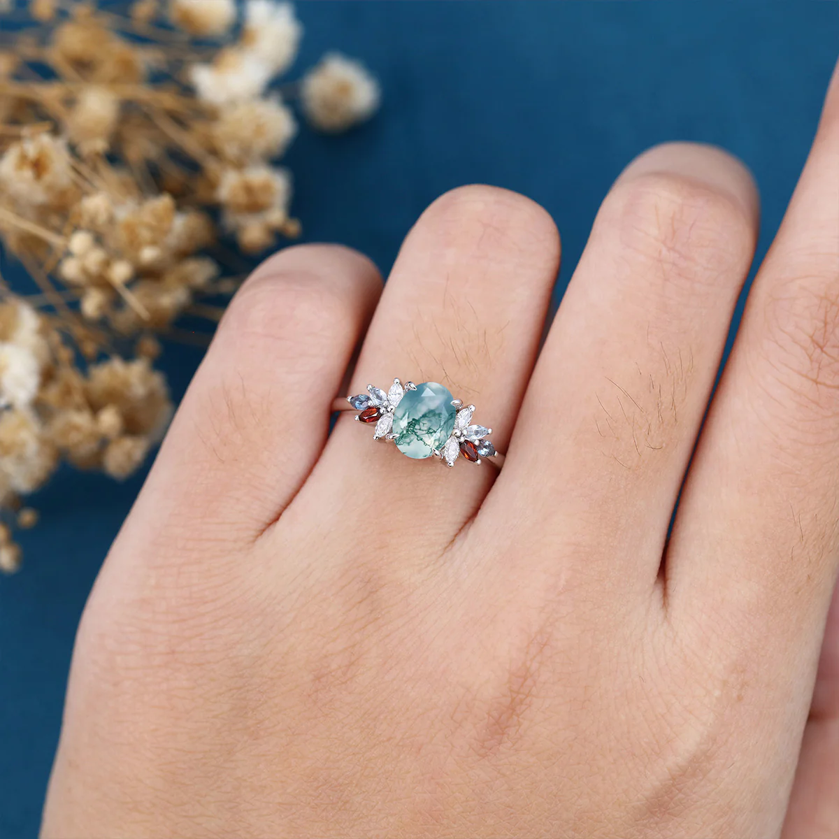 Natural Green Moss Agate Oval cut cluster Engagement Ring - Image 8