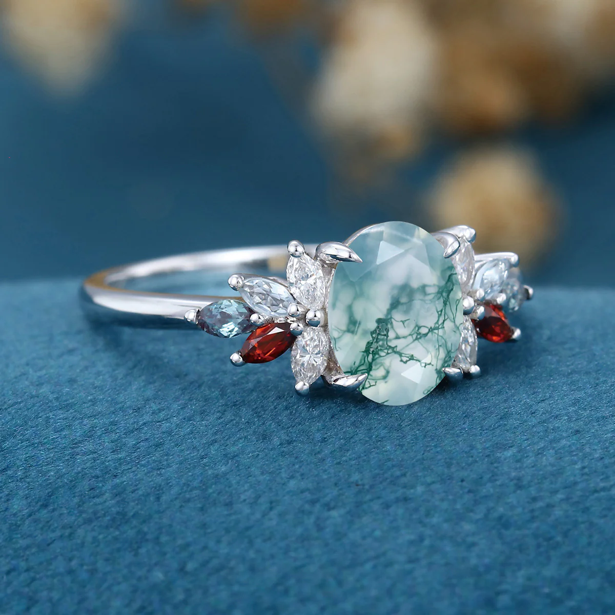 Natural Green Moss Agate Oval cut cluster Engagement Ring - Image 9